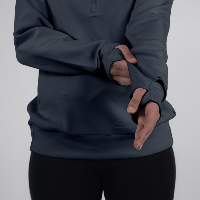 Hanorac cu glugă alergare KIPRUN Run 500 Warm Albastru abisal Damă
