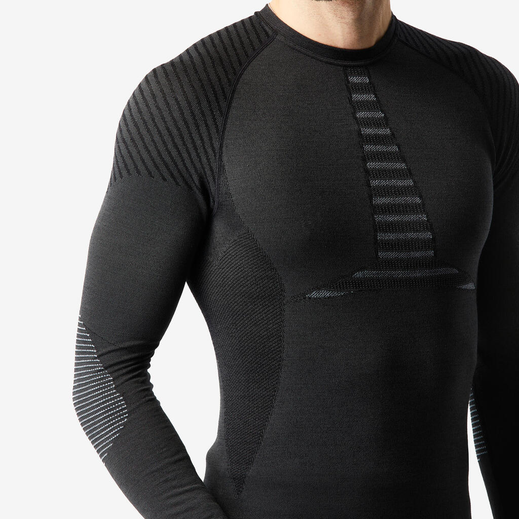 Men’s breathable wool thermal ski base layer top, BL900 - Black