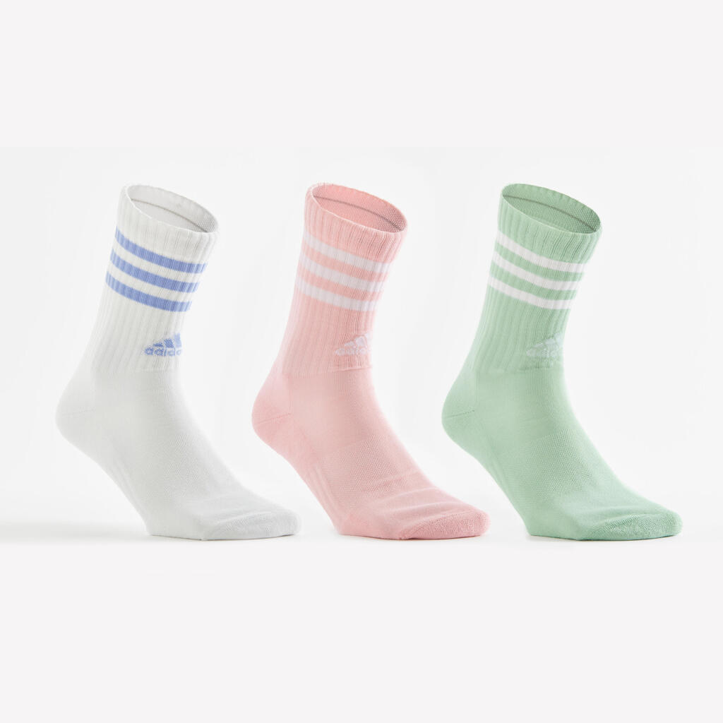 Ilgos sportinės kojinės, 3 poros, žalios, rožinės, dryžuotos