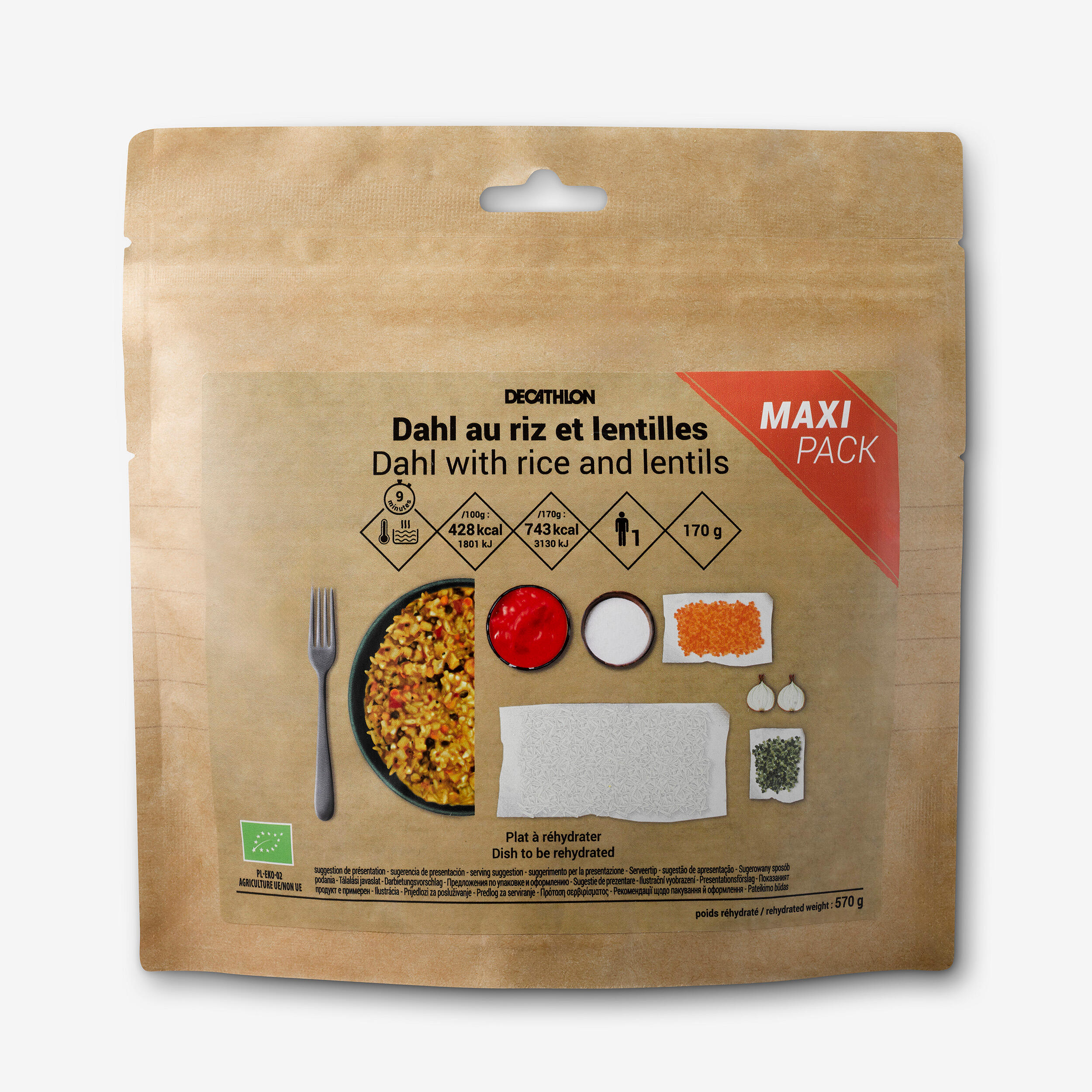 Freeze-dried vegetarian and organic meal - Dahl with rice and lentils Maxi Pack - 170 g