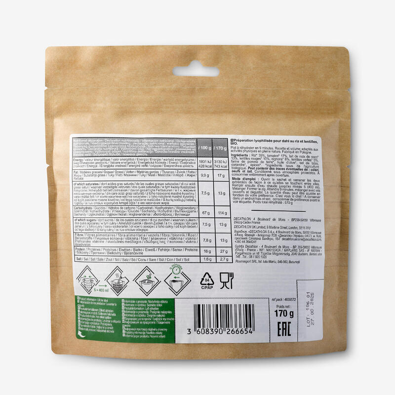 Comida liofilizada vegetariana y bio - Dahl arroz y lentejas Maxi Pack - 170 g 