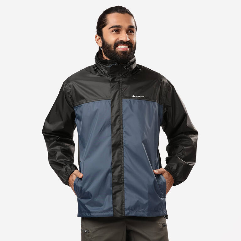Men Full Zip Rain Jacket with Storage Pouch Black Blue - NH100