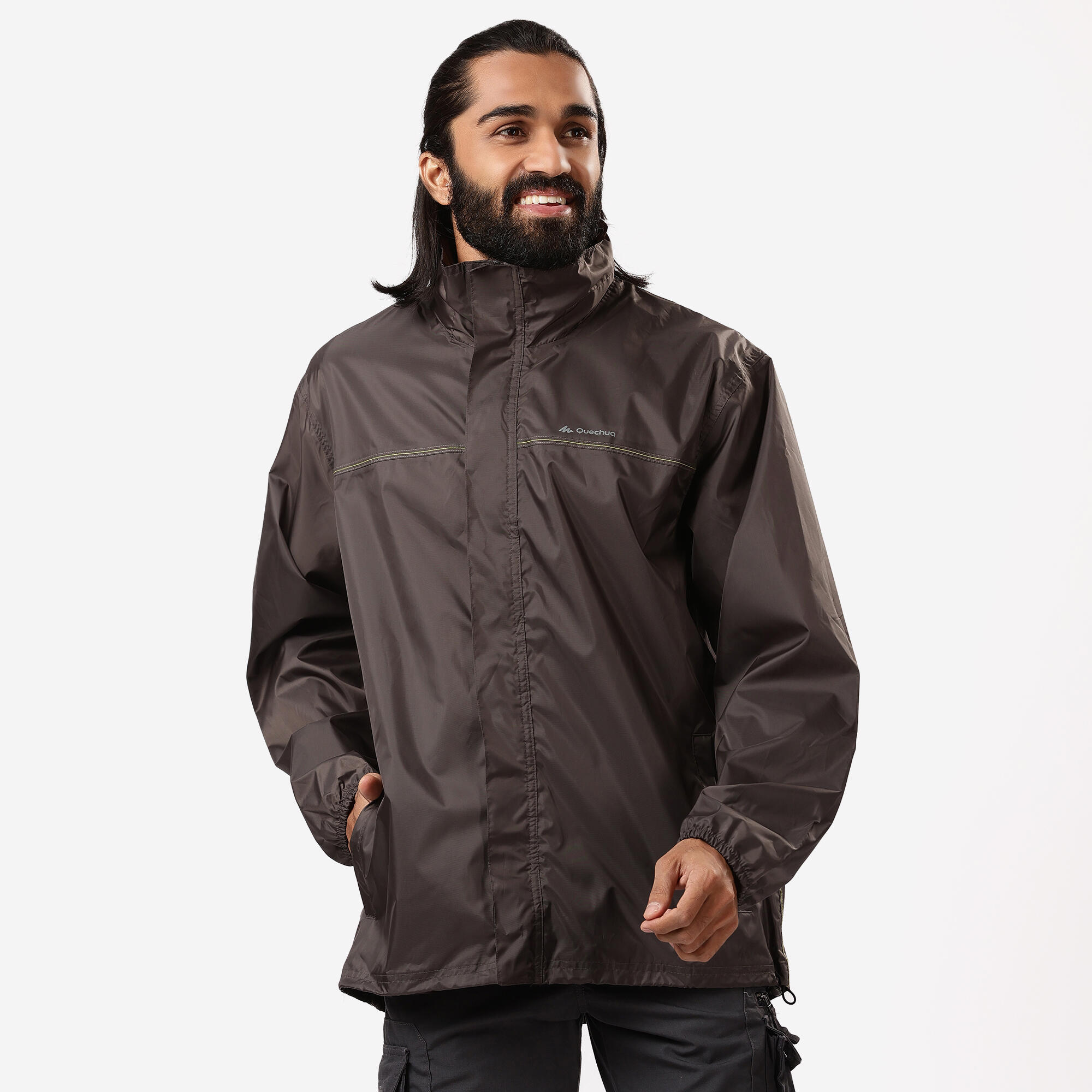 Men Full Zip Rain Jacket with Storage Pouch Brown - NH100