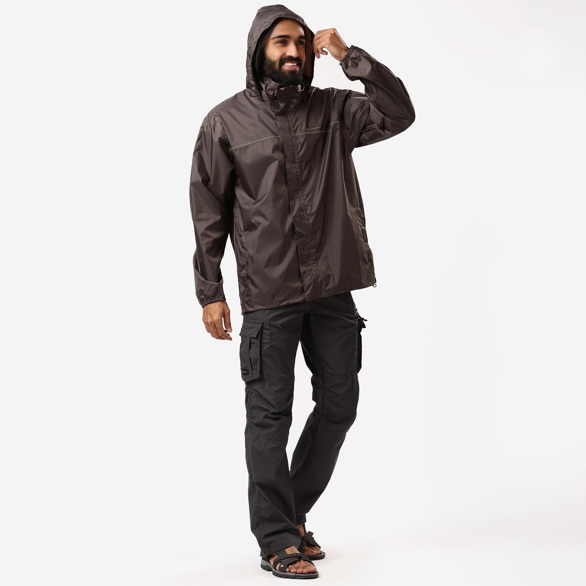 Men Full Zip Rain Jacket with Storage Pouch Brown - NH100