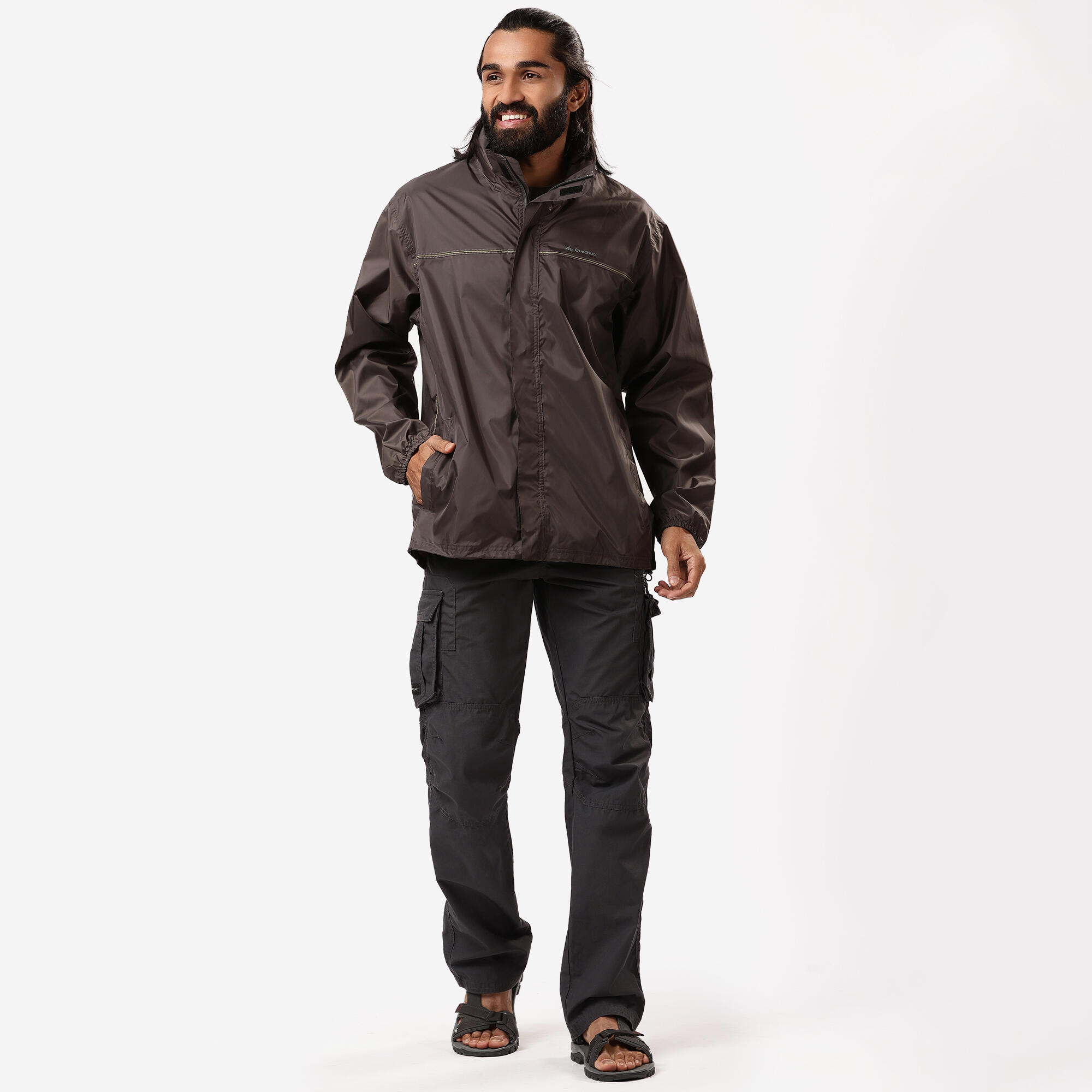 Men Full Zip Rain Jacket with Storage Pouch Brown - NH100