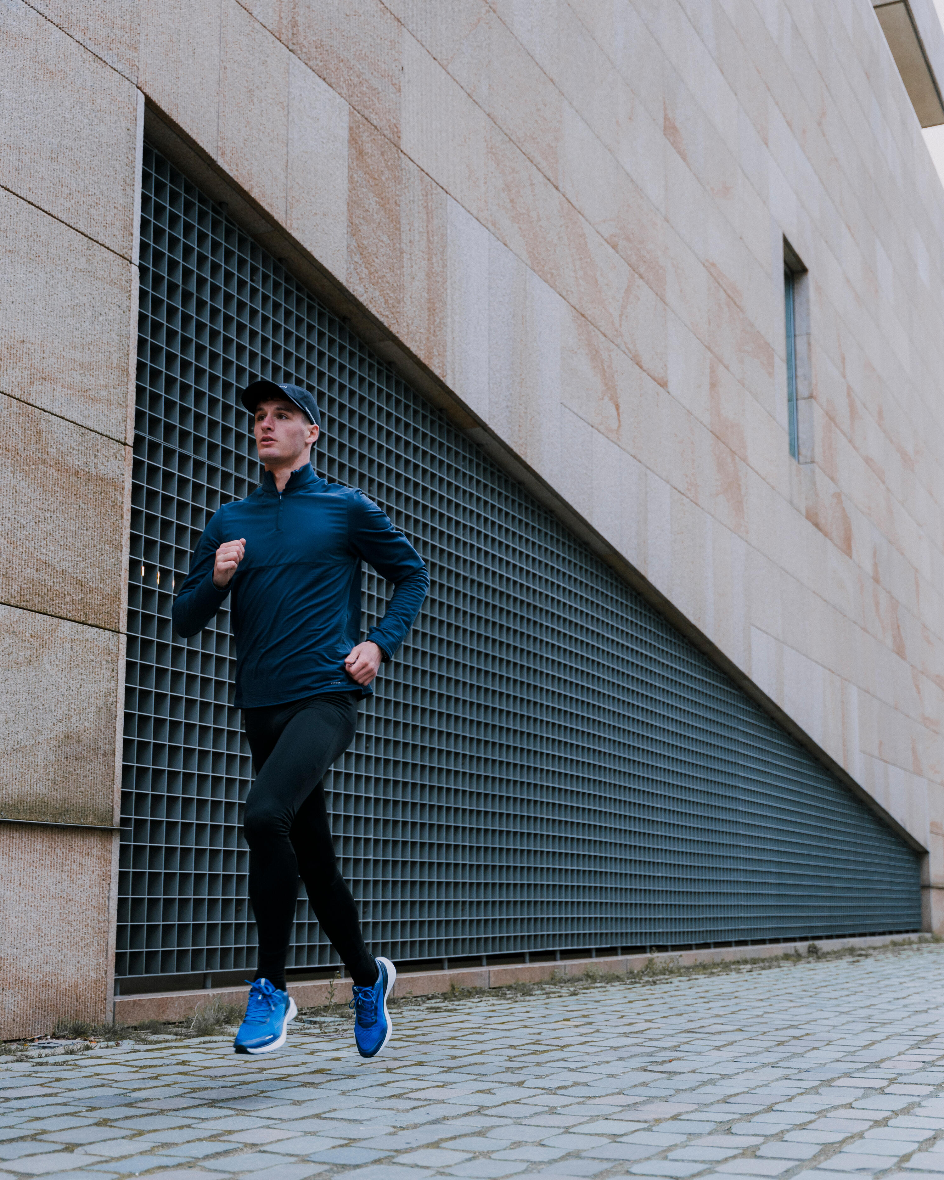 T-shirt zip chaud manches longues de running homme - kiprun run 500 warm bleu 9/12