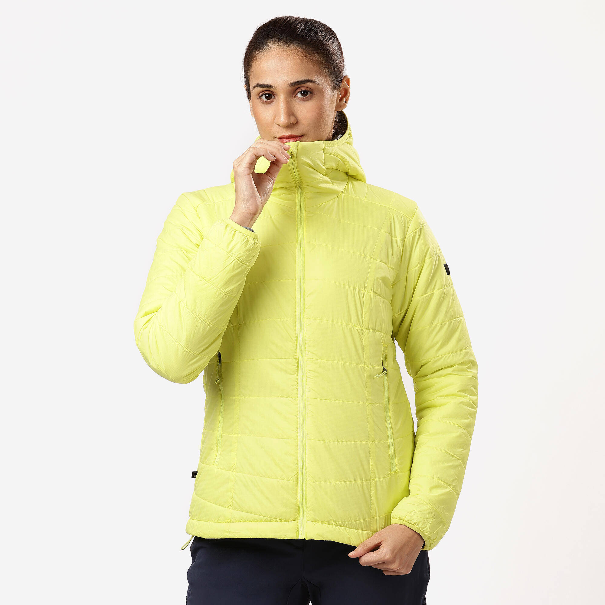 Women Warm Puffer Jacket with hood for mountain trekking- MT100 -5°C - Yellow -  1