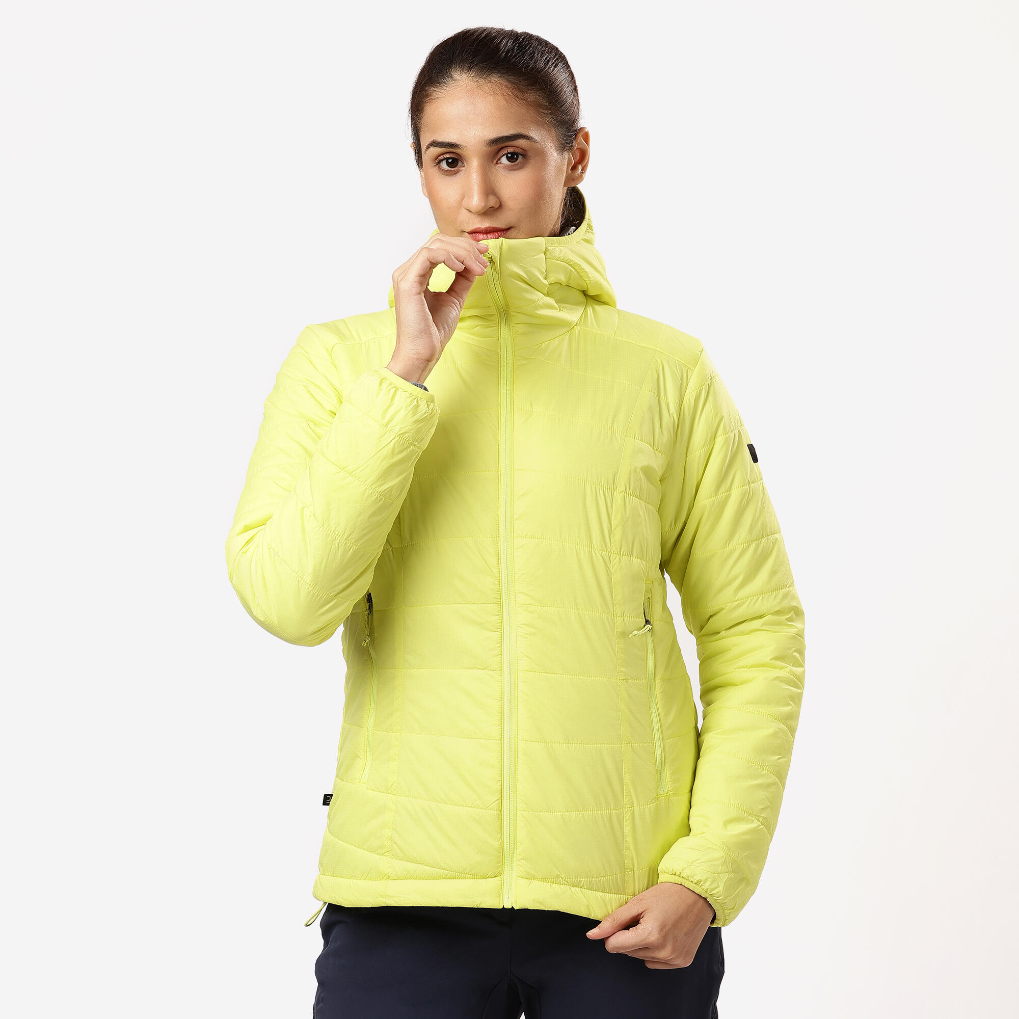 Women Warm Puffer Jacket with hood for mountain trekking- MT100 -5°C - Yellow