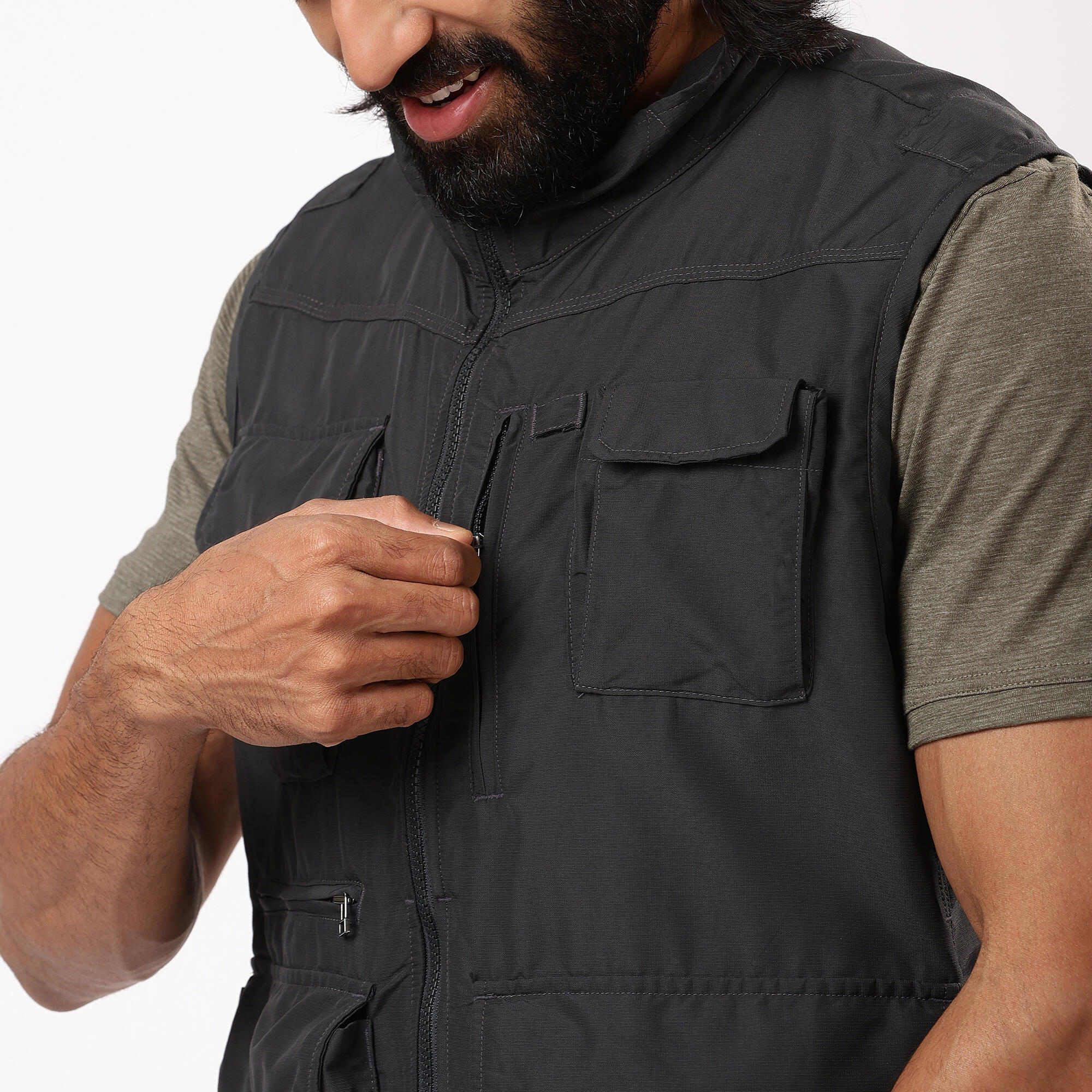 Men Multi-Pocket Vest Jacket Grey - Travel 100