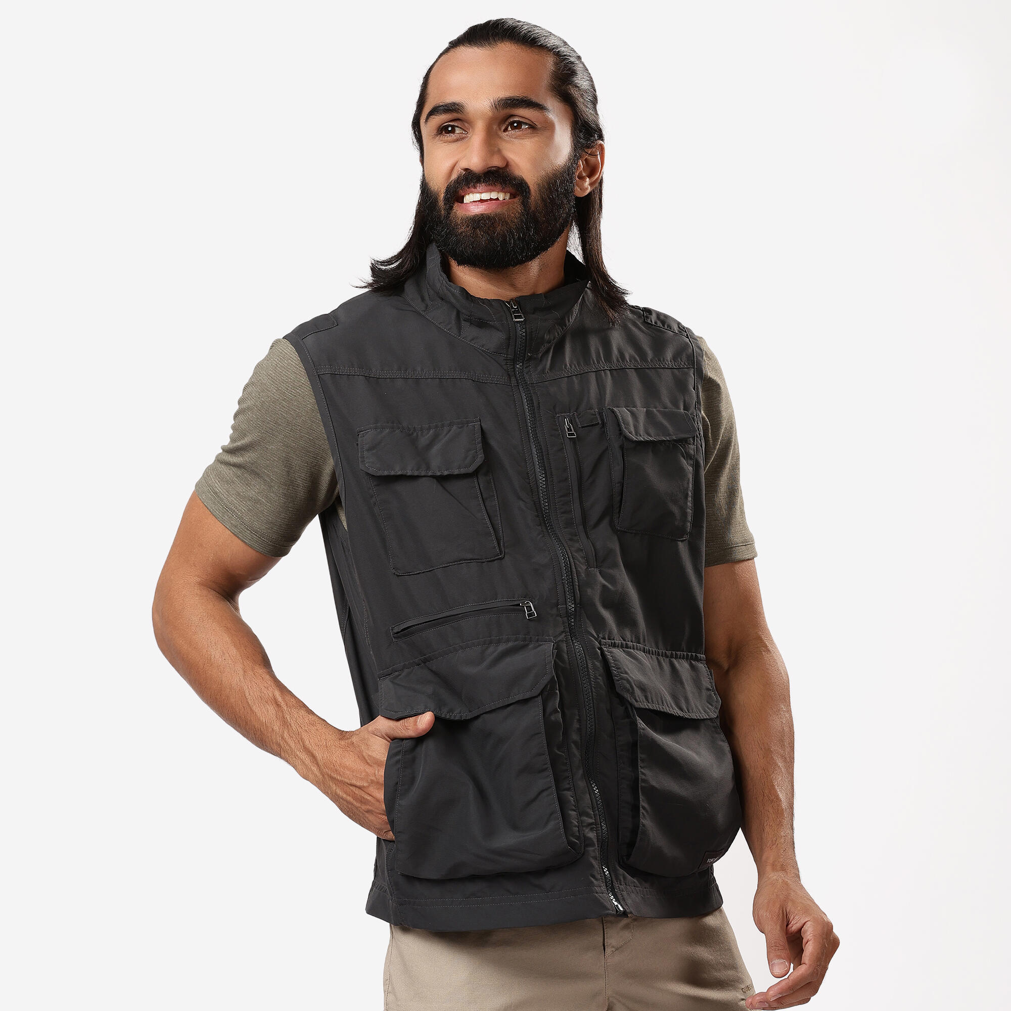 Men Multi-Pocket Vest Jacket Grey Travel 100