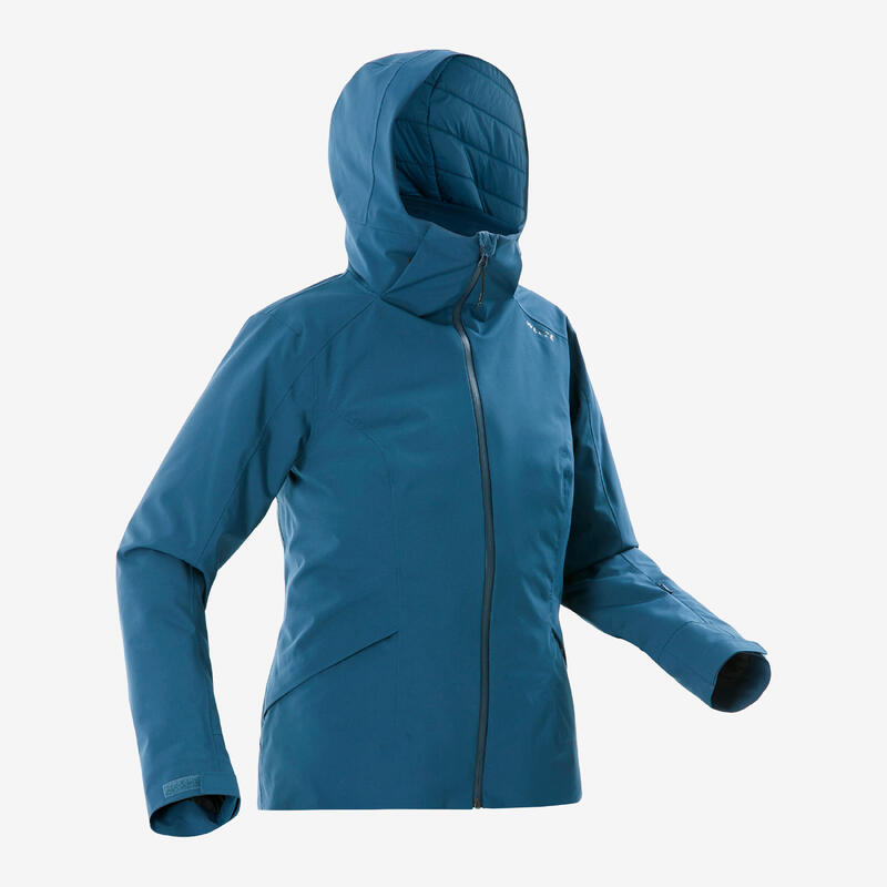 Veste de ski chaude et imperméable femme, 500 bleu pétrol