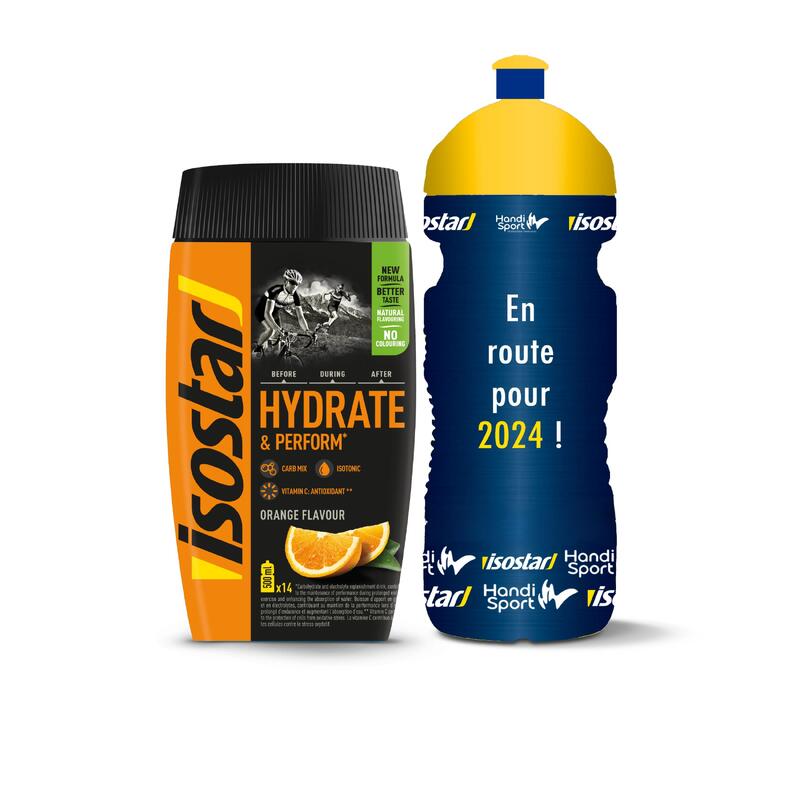 Poeder voor isotone sportdrank Hydrate&Perform sinaasappel 560 g/drinkbus 0,65 l aanbieding