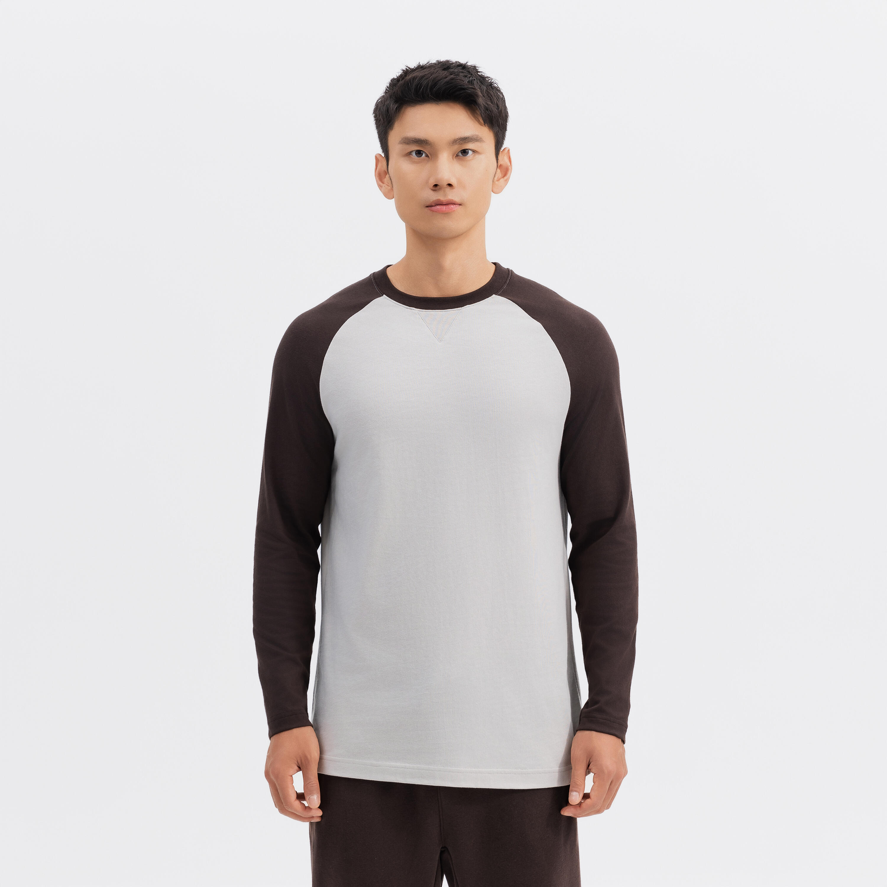 Men long sleeved t-shirt raglan-pebble beige & wenge brown