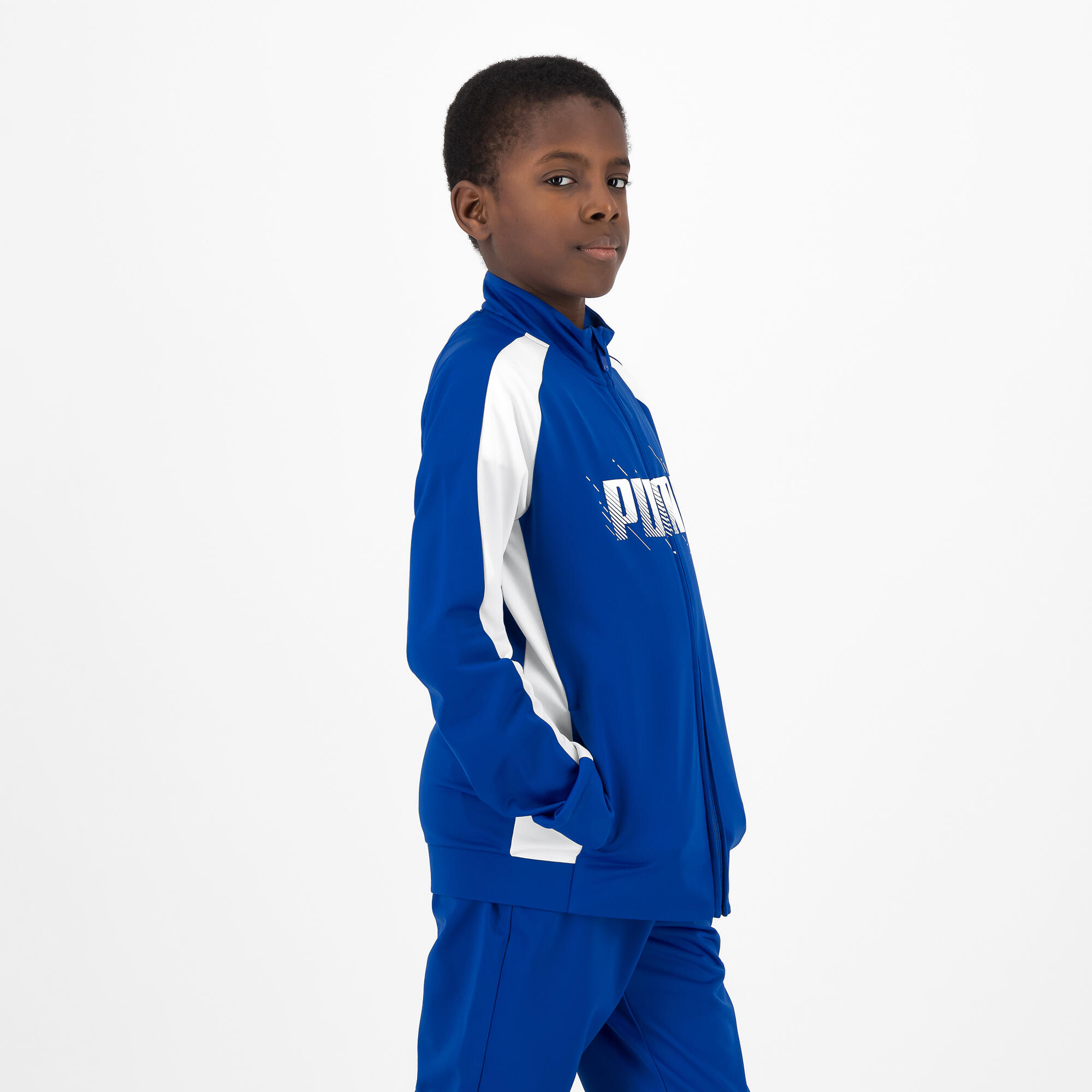 Trainingspak voor gym kinderen blauw en wit 2/5