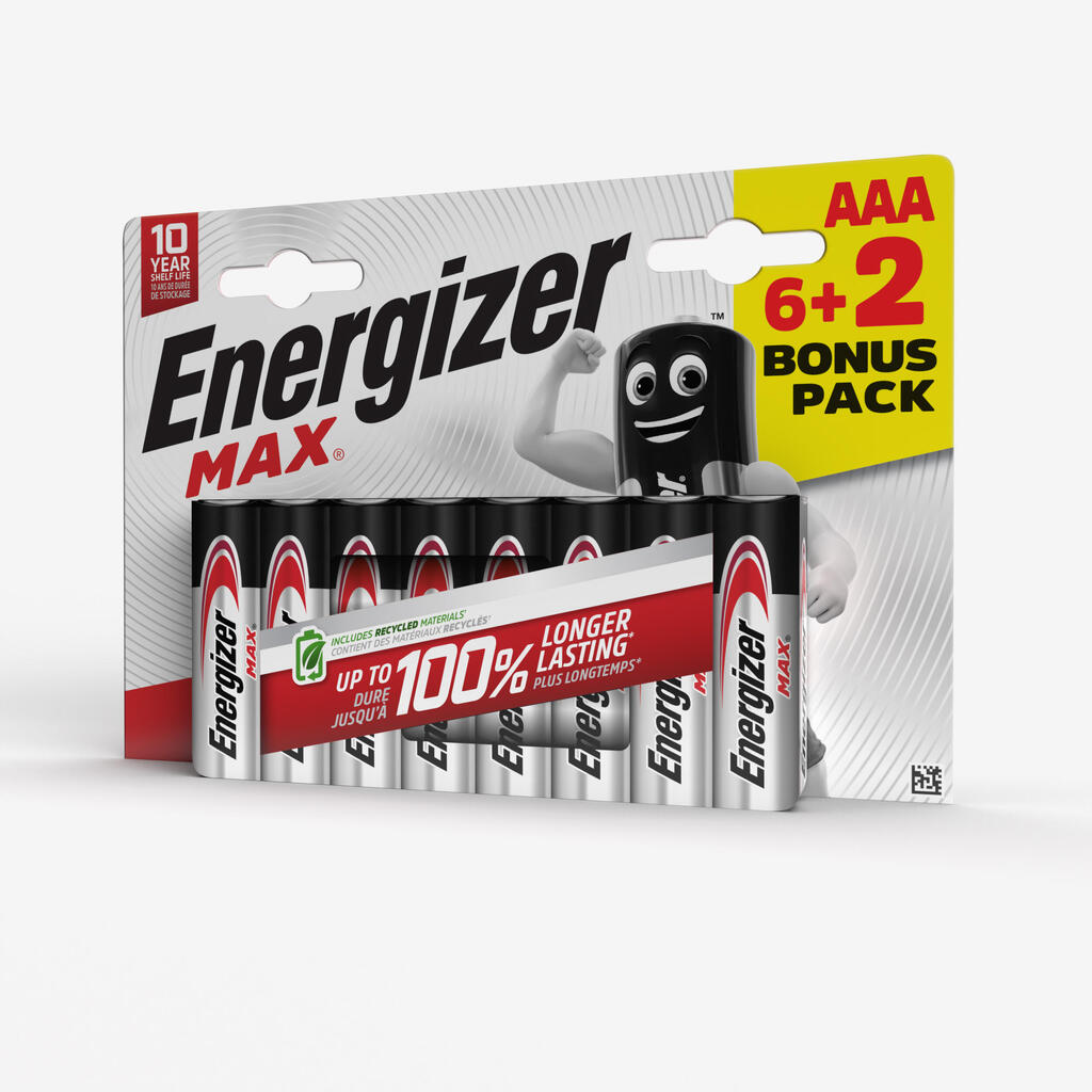 Alkaline batteries aaa/lr03 max, 6 + 2 offered.