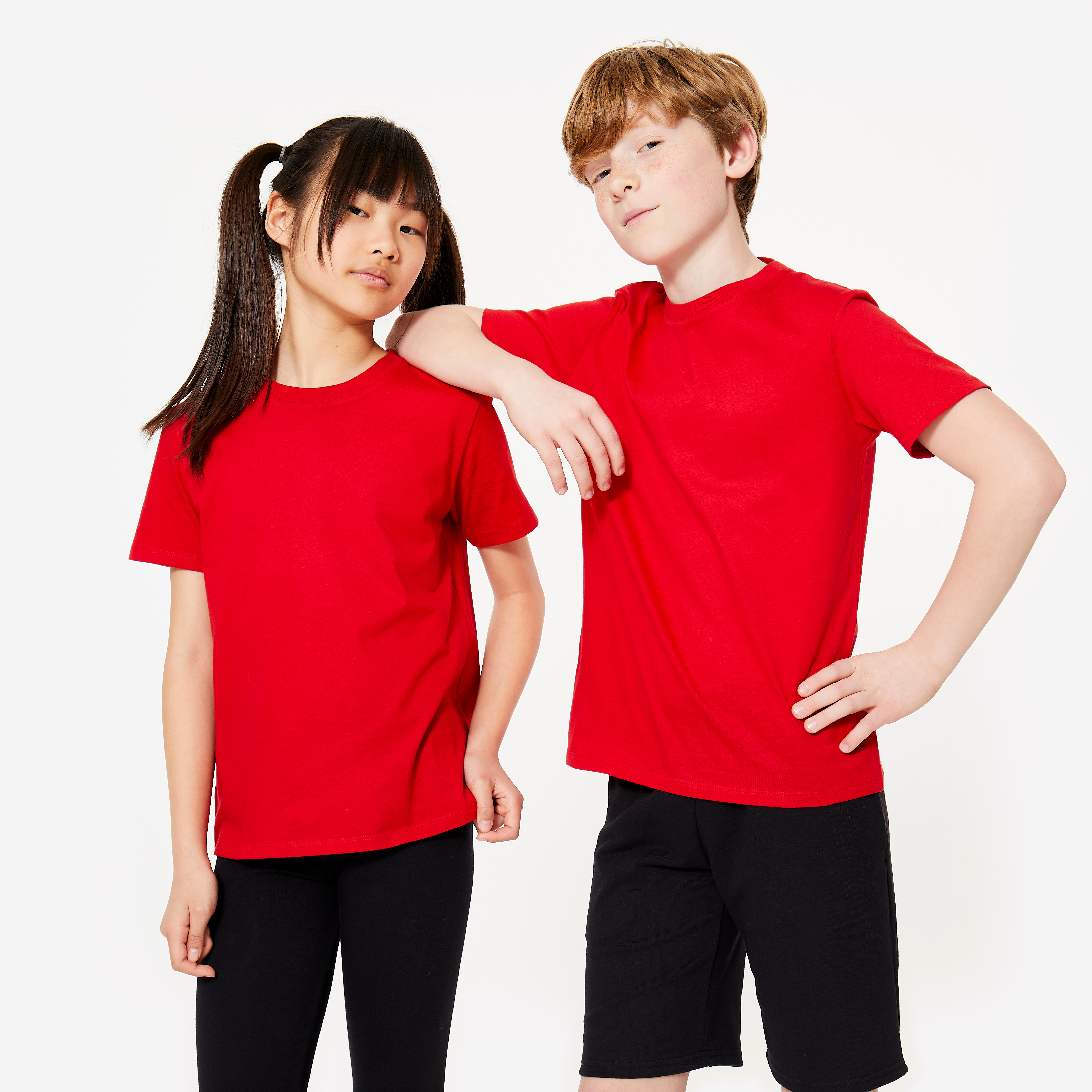 T shirt bambino ginnastica ESSENTIALS regular fit 100 cotone rossa DOMYOS Decathlon