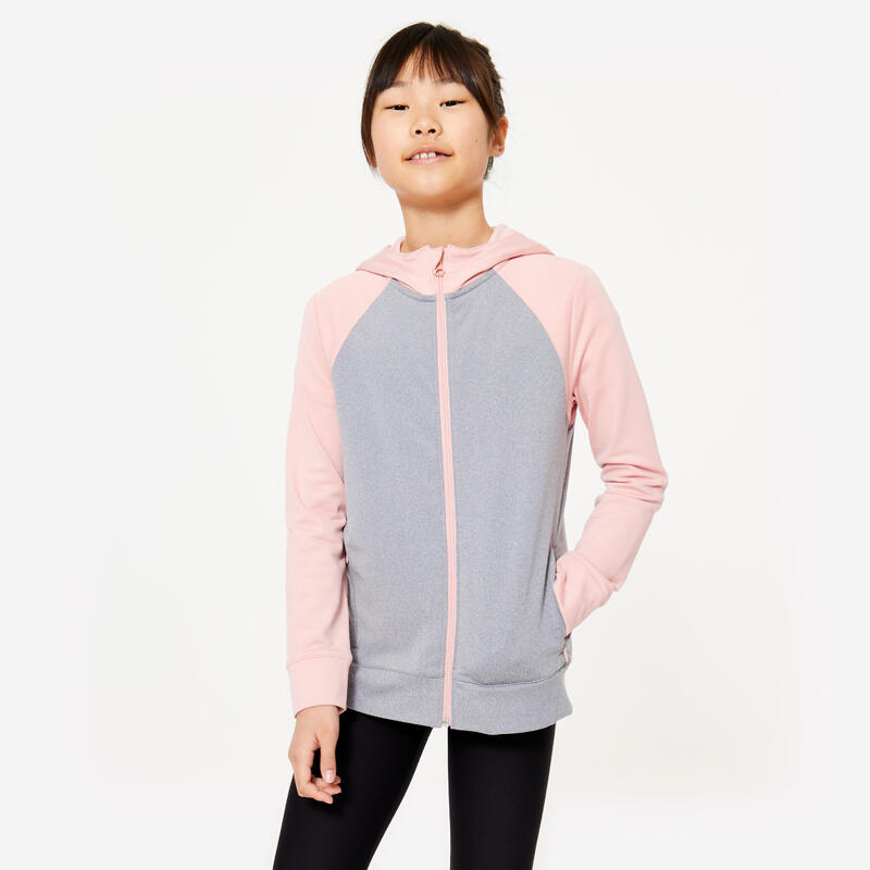 Felpa bambina ginnastica S 500 con cappuccio traspirante pesante rosa-grigio