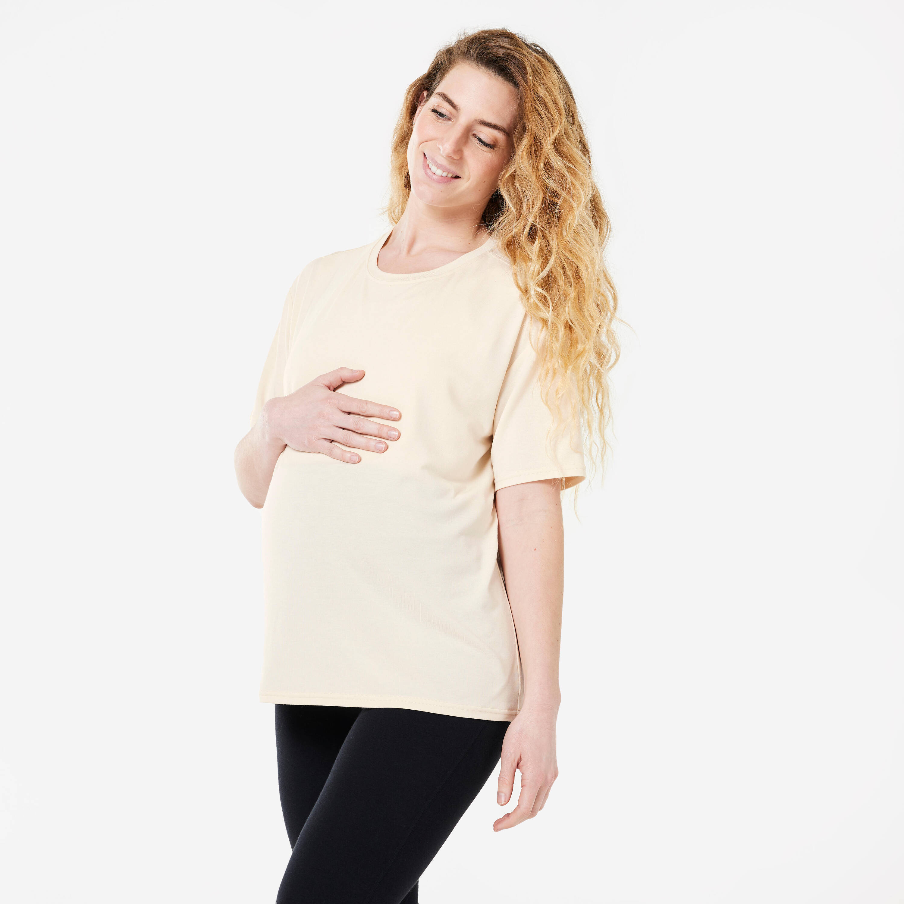 Maternity Short-Sleeved Breast-Feeding Yoga T-Shirt - Beige -  1