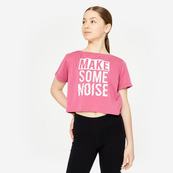 T-shirt danse modern jazz crop top fille, rose cendré et blanc ultra