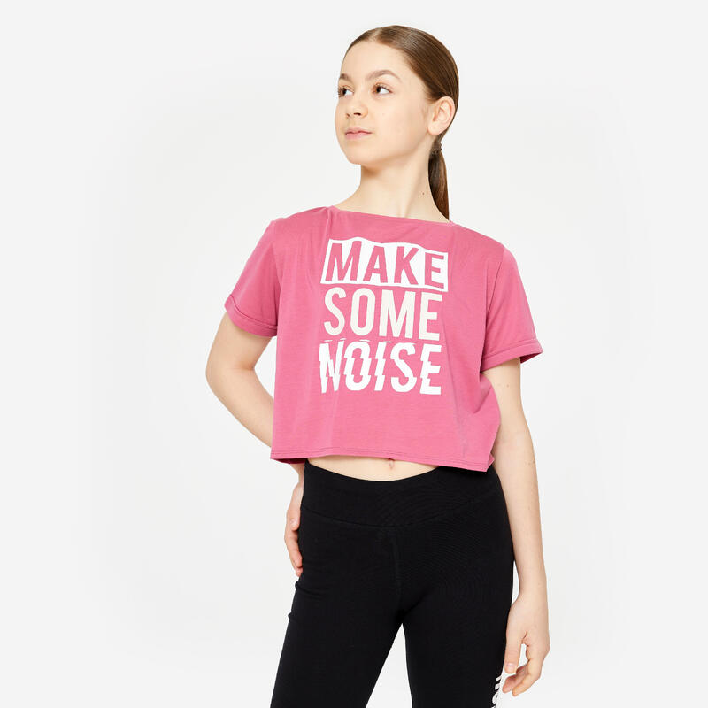 T-shirt danse modern jazz crop top fille, rose cendré et blanc ultra