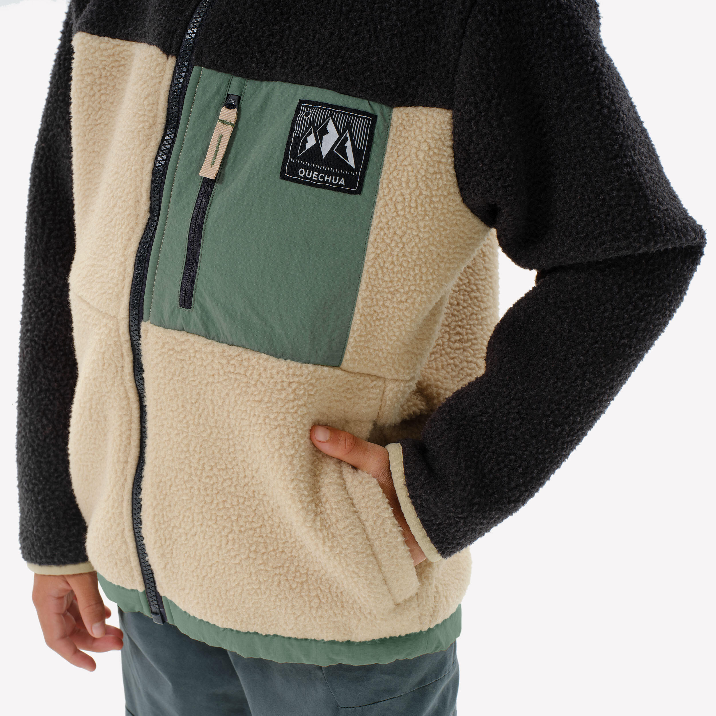 Kids’ warm Sherpa fleece jacket - 7-15 years, NH900 Zip - Beige, Black and Green
