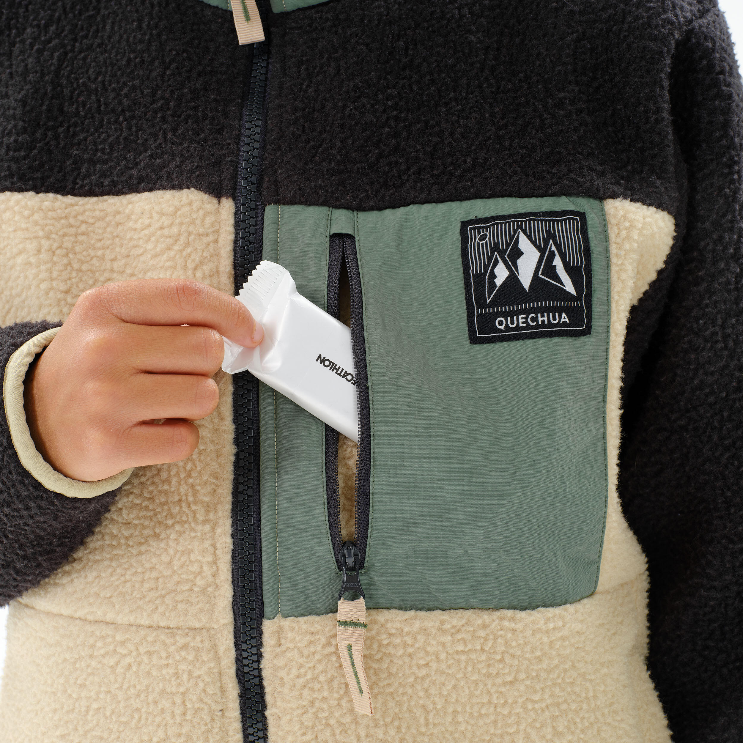 Kids’ warm Sherpa fleece jacket - 7-15 years, NH900 Zip - Beige, Black and Green