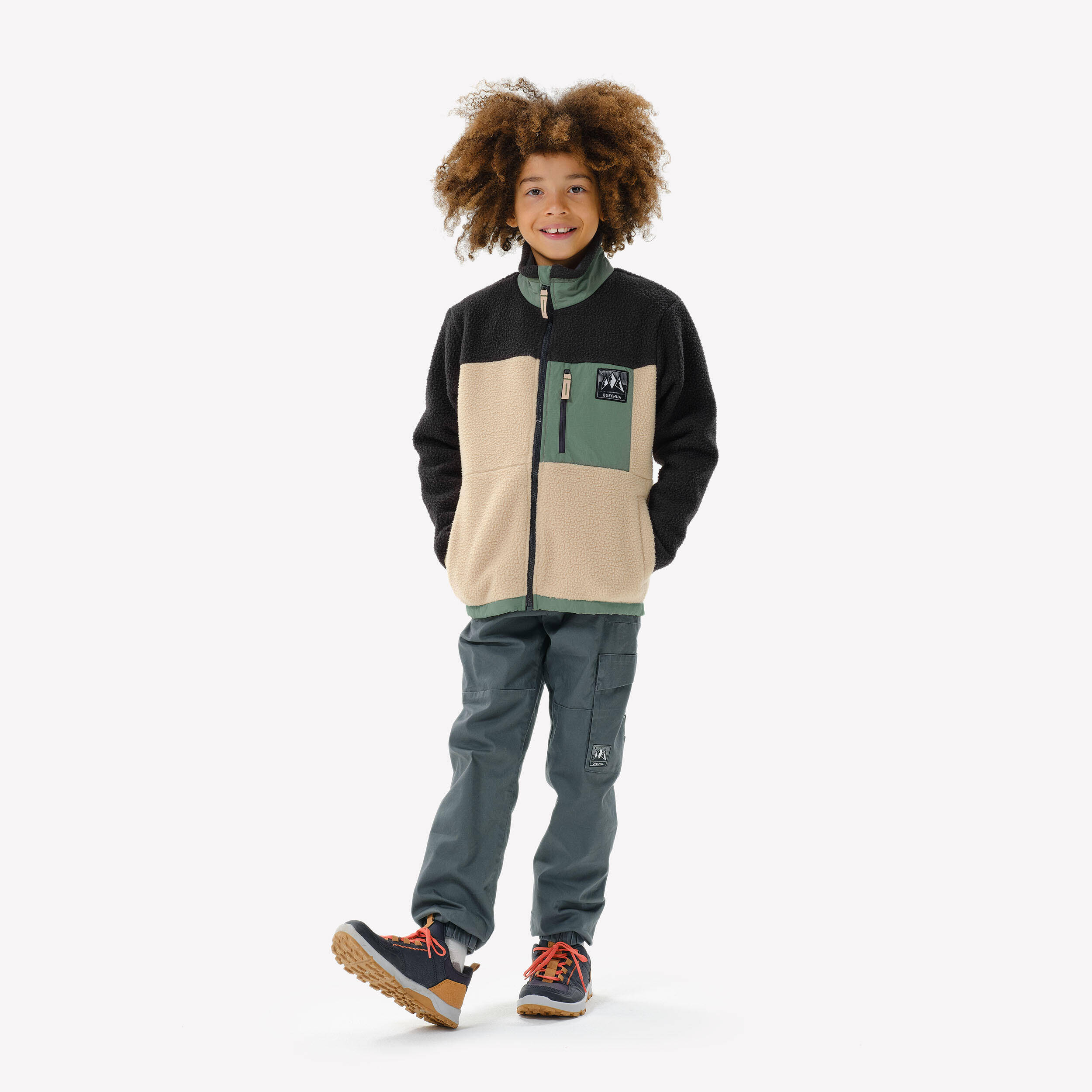 Kids’ warm Sherpa fleece jacket - 7-15 years, NH900 Zip - Beige, Black and Green -  2