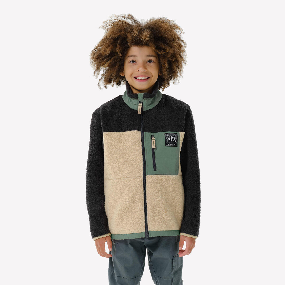 Polaire sherpa chaude enfant 7-15 ans, NH 900 zip camo beige, noir et vert