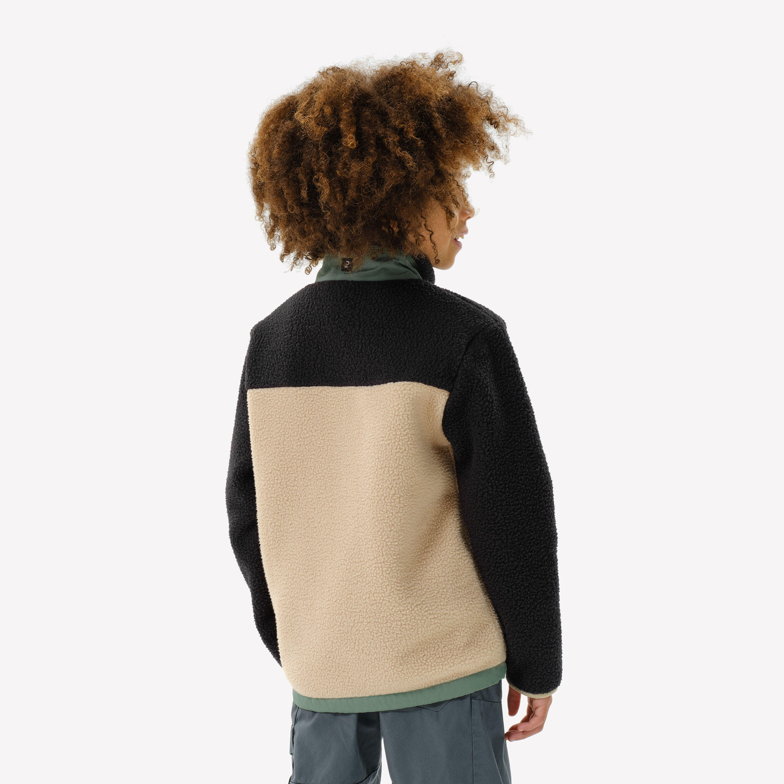 Kids’ warm Sherpa fleece jacket - 7-15 years, NH900 Zip - Beige, Black and Green