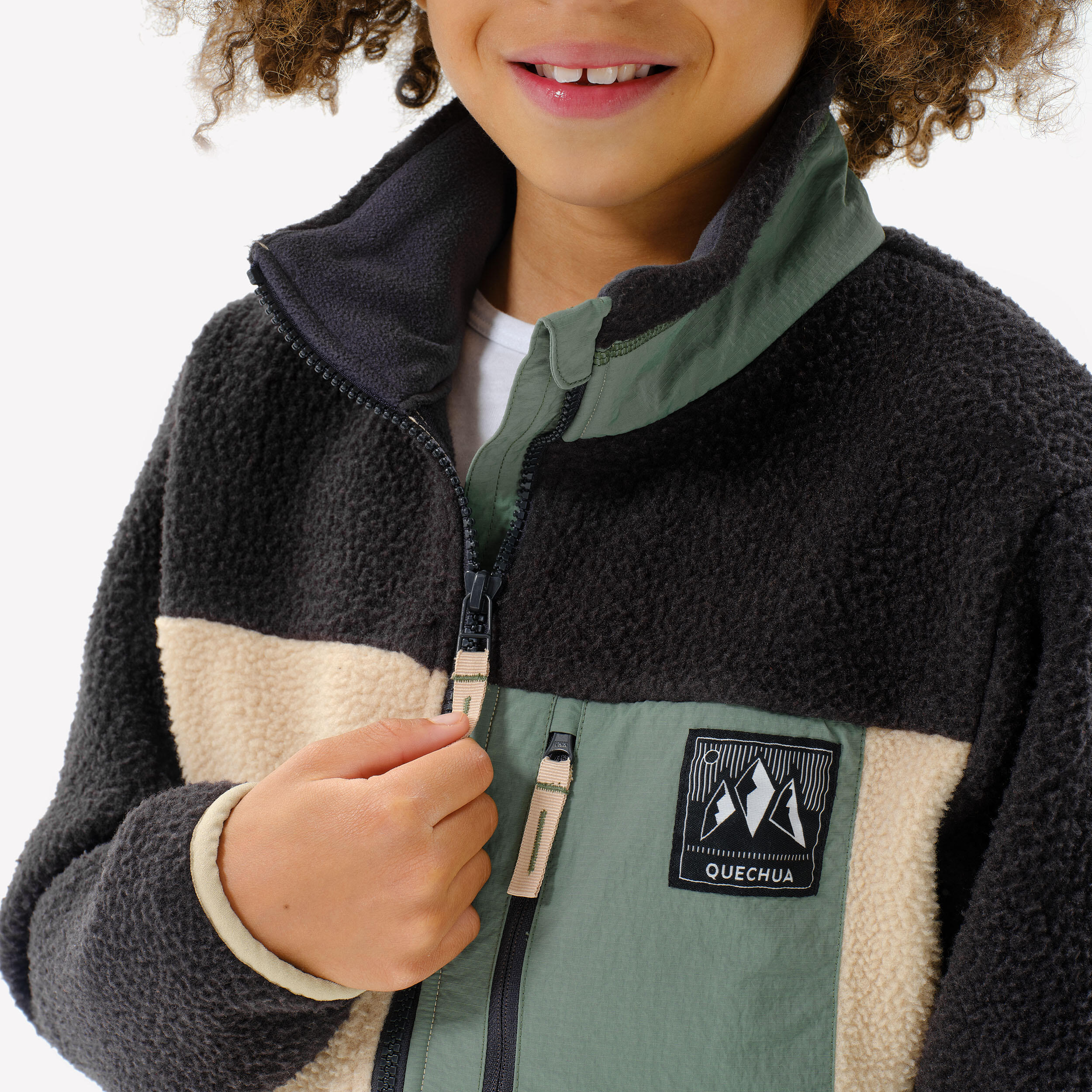 Kids’ warm Sherpa fleece jacket - 7-15 years, NH900 Zip - Beige, Black and Green