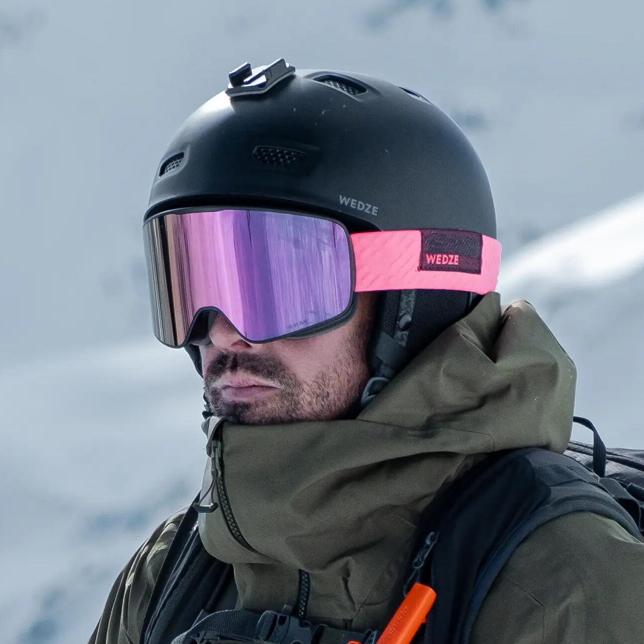 Homme ski freeride tenue de ski kaki decathlon masque rose casque de ski noir