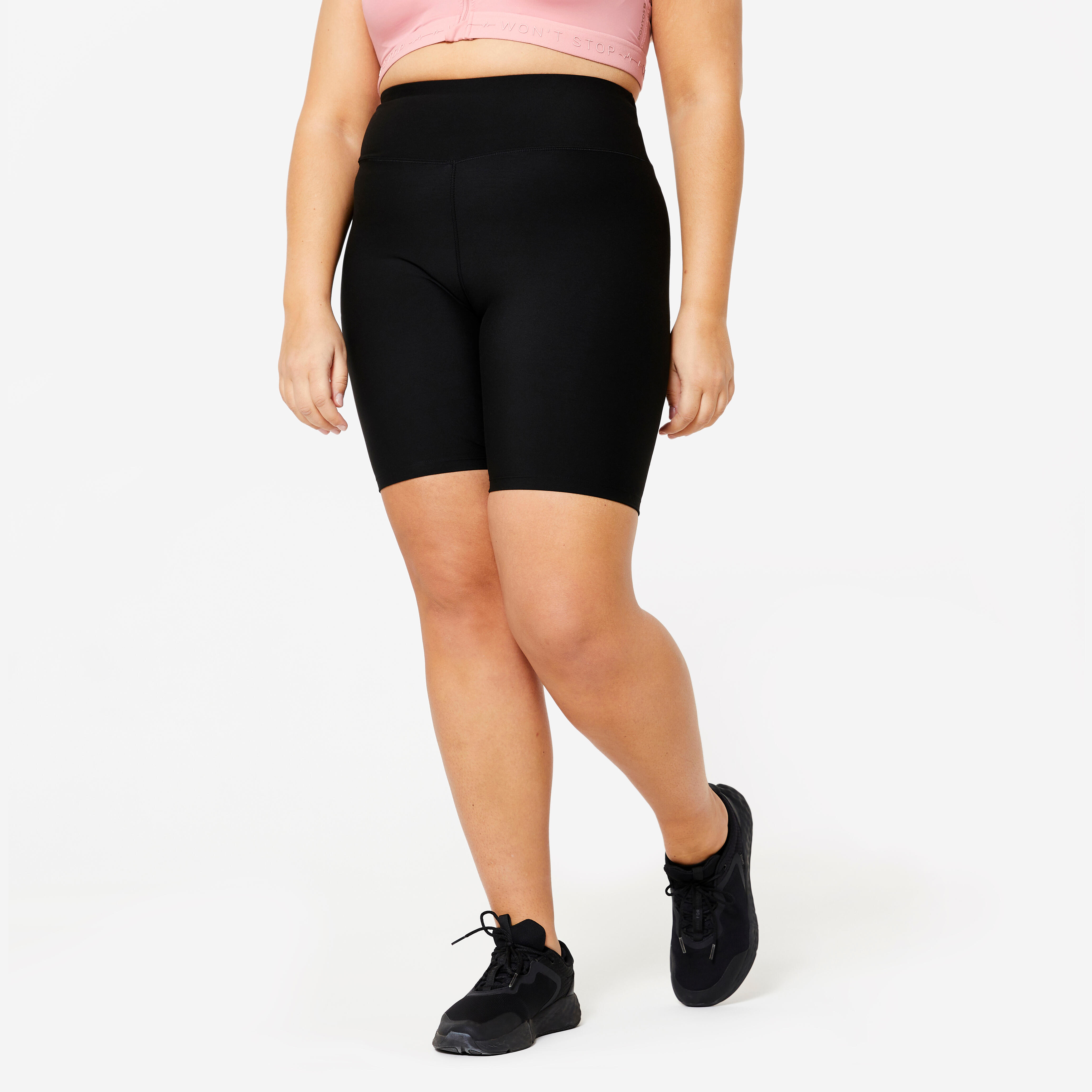 Pantalon scurt 100 Fitness cu talie înaltă Negru Damă