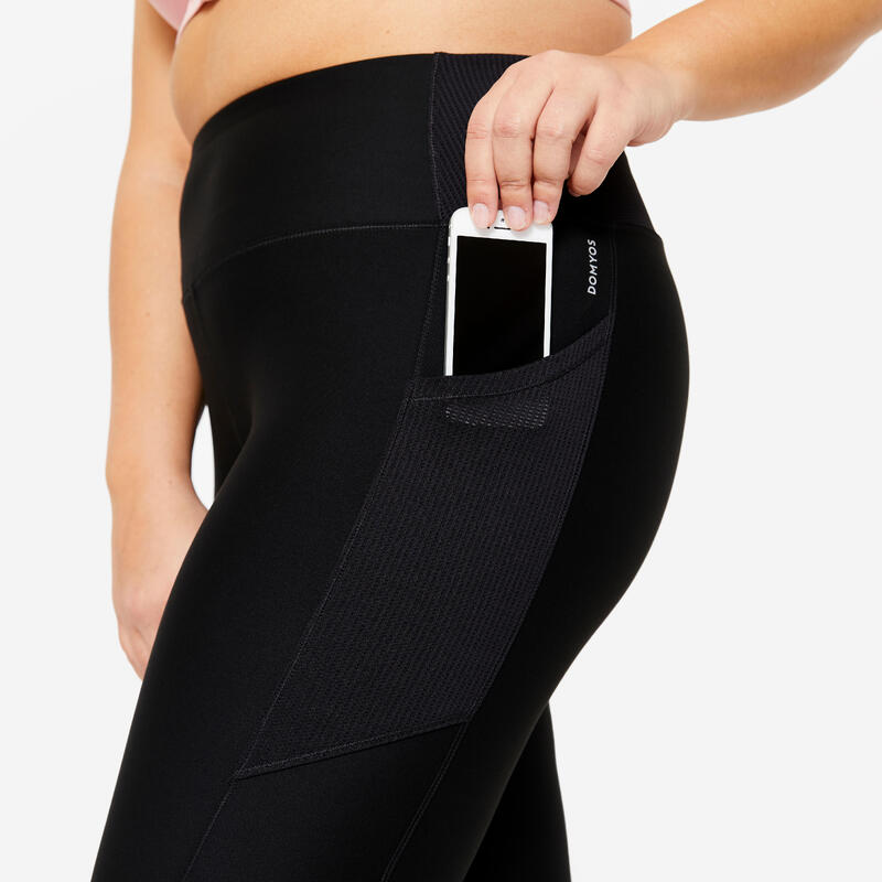 Legging voor cardiofitness dames smartphonezak grote maten zwart