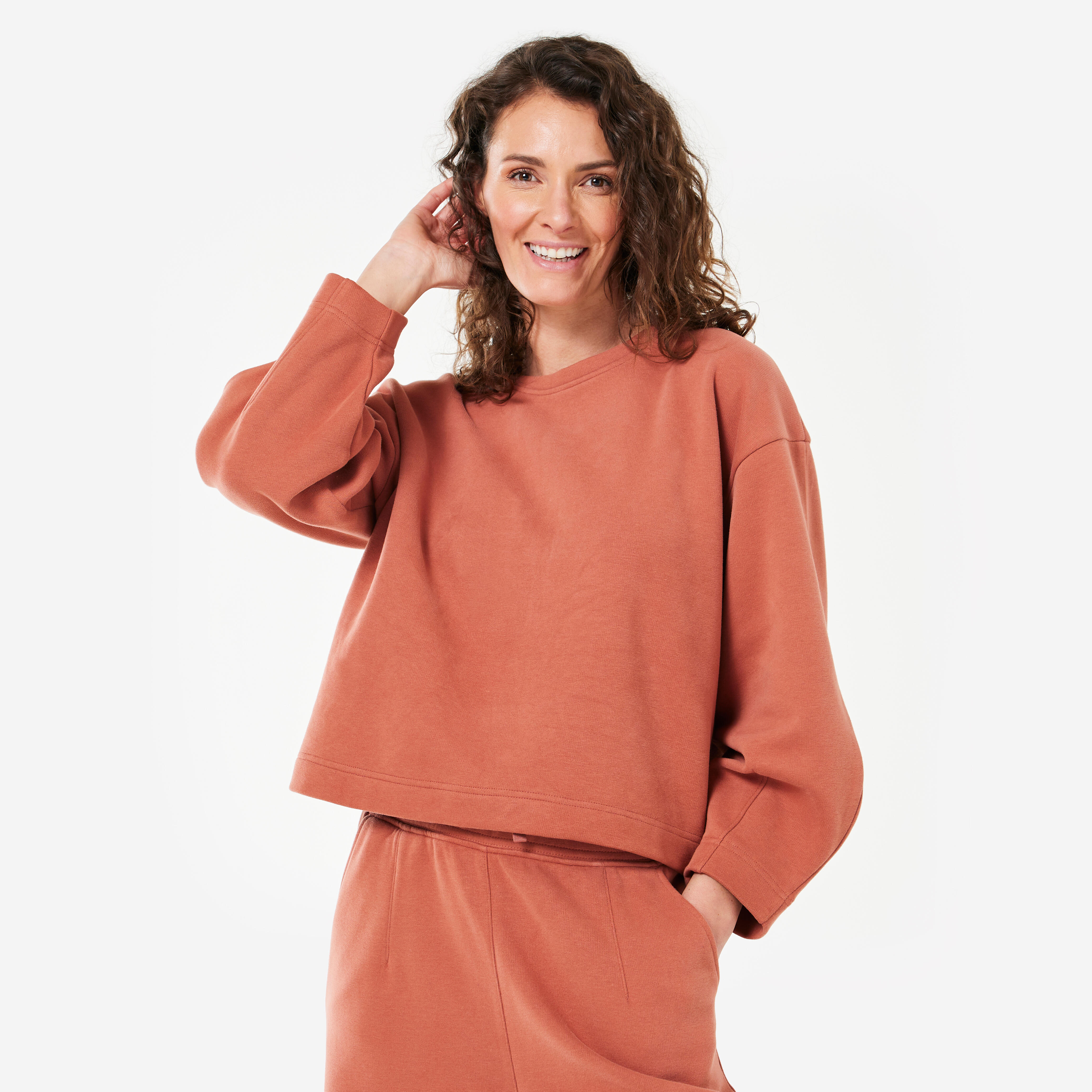 Warm sweatshirt, women's balloon sleeves, brown