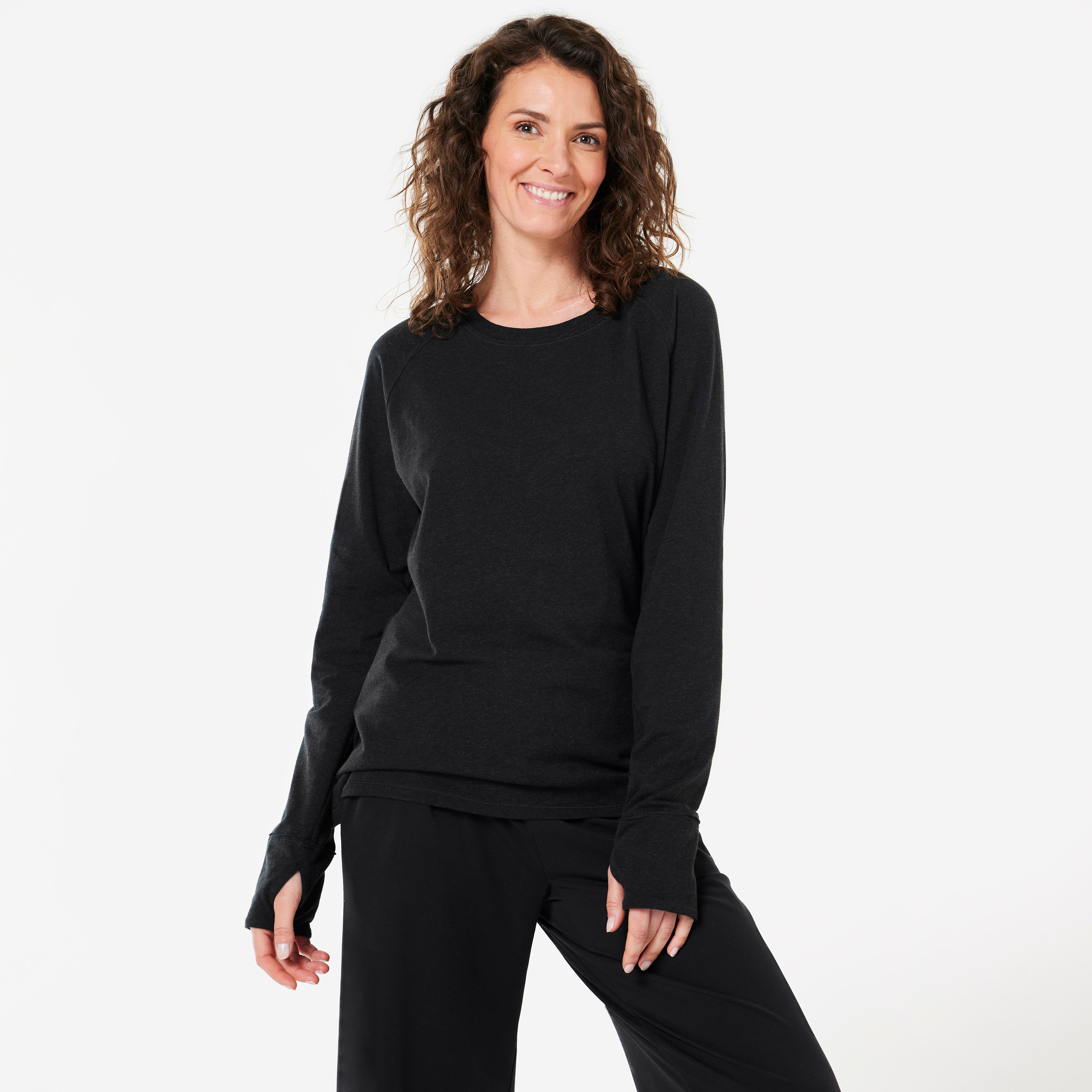 Camisola de manga comprida de algodão para yoga preto