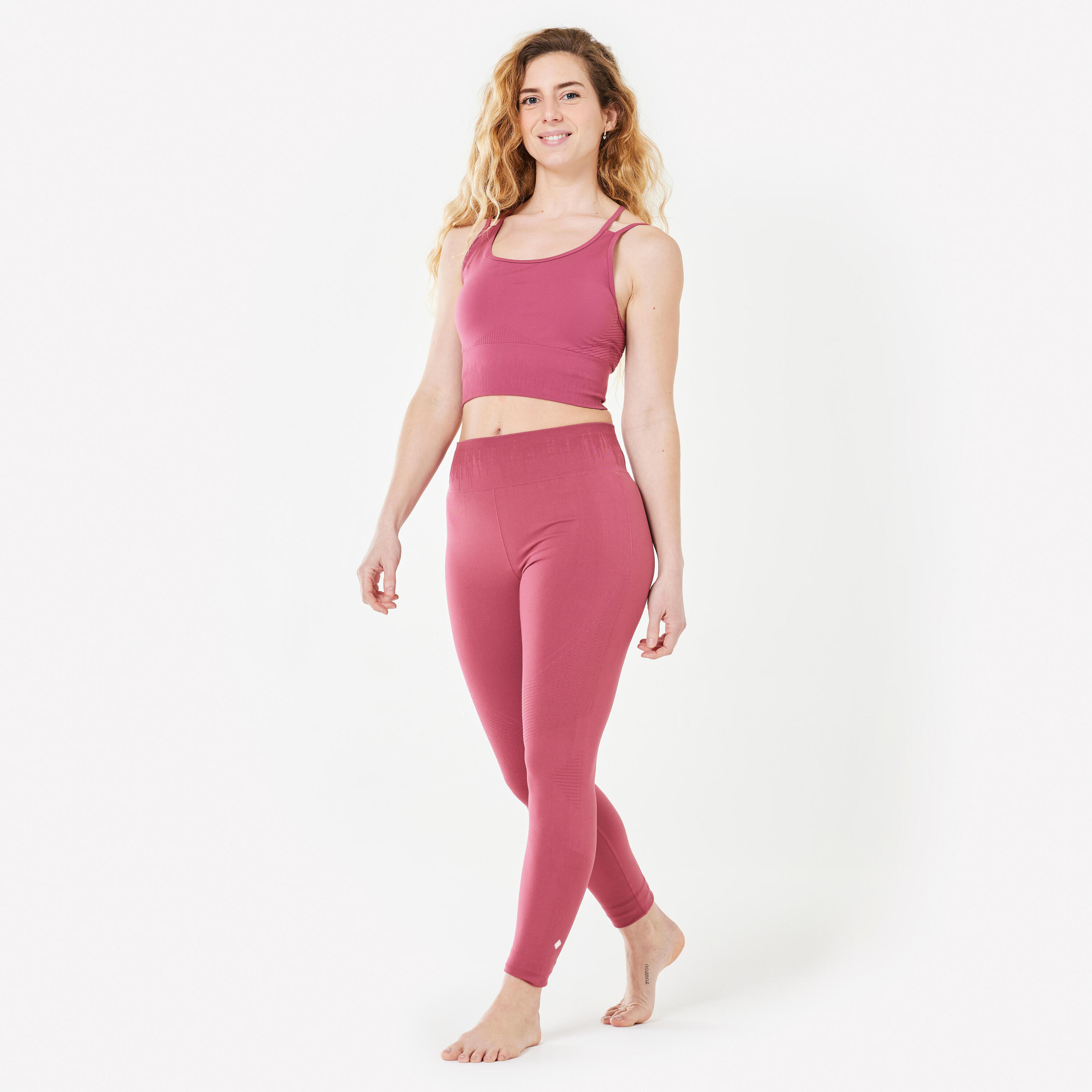 Legging long yoga effet seconde peau taille haute, rose cendré 2/5