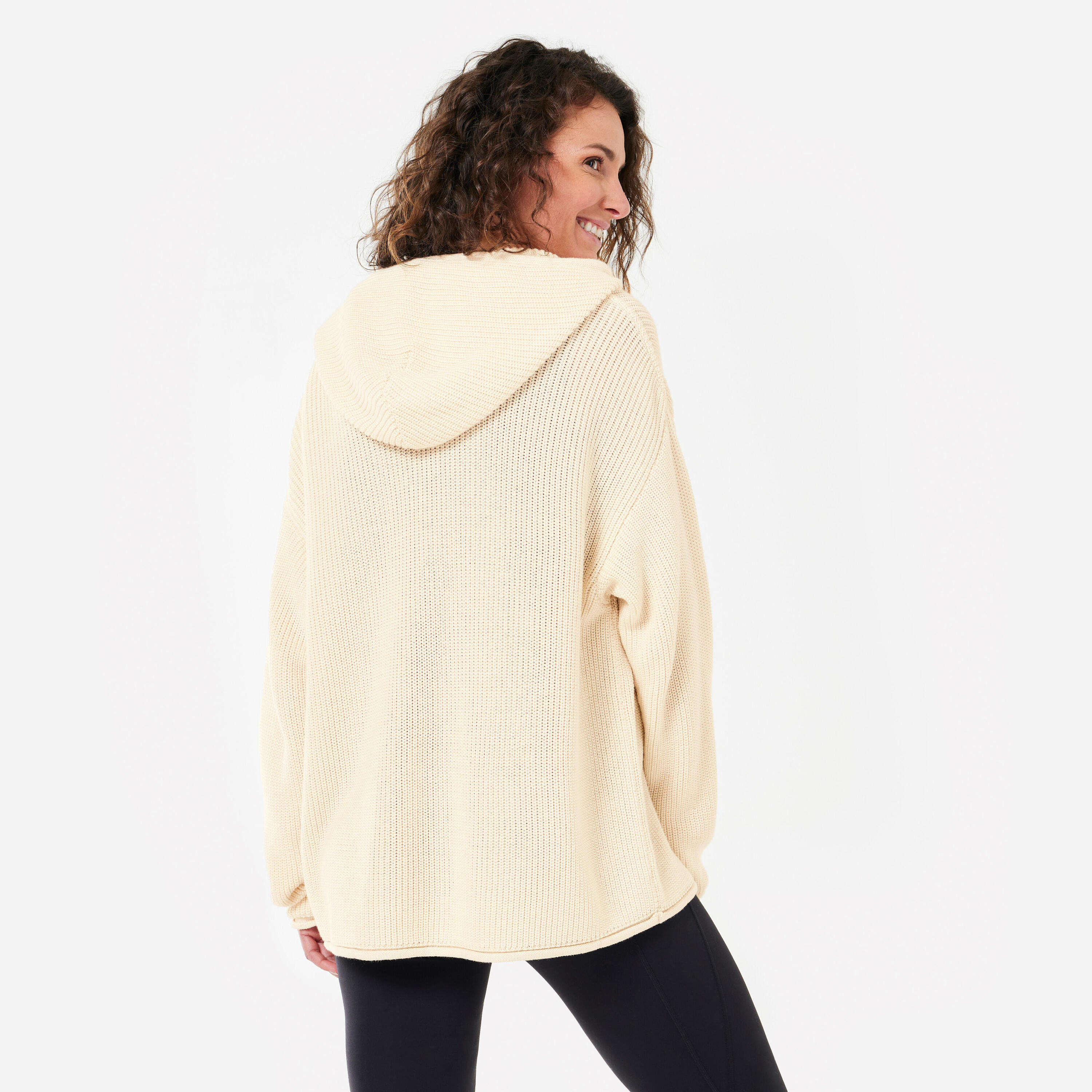 Sudadera Yoga Mujer Blanco Roto Capucha Punto 4/5