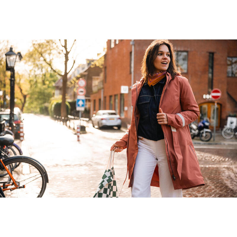 Dames regenjas met capuchon voor op de fiets terracotta