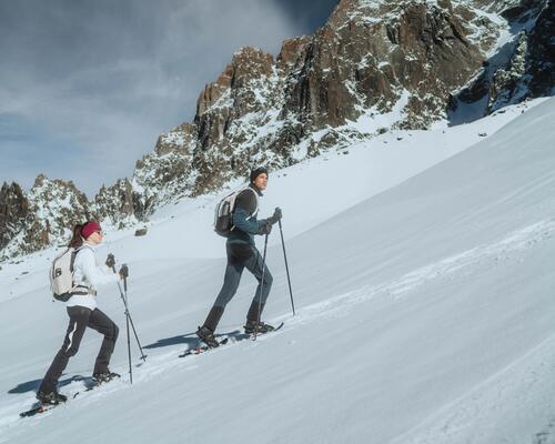Amis qui marchent en raquette à neige dans la montagne