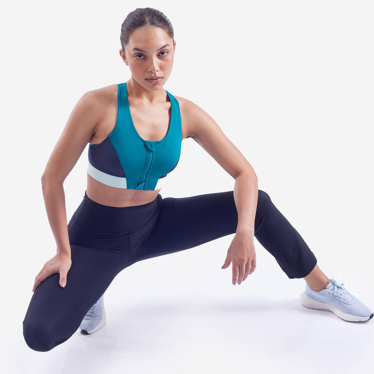Women's Medium-Support Zipped Sports Bra - Pine Blue/Grey/Light Jade
