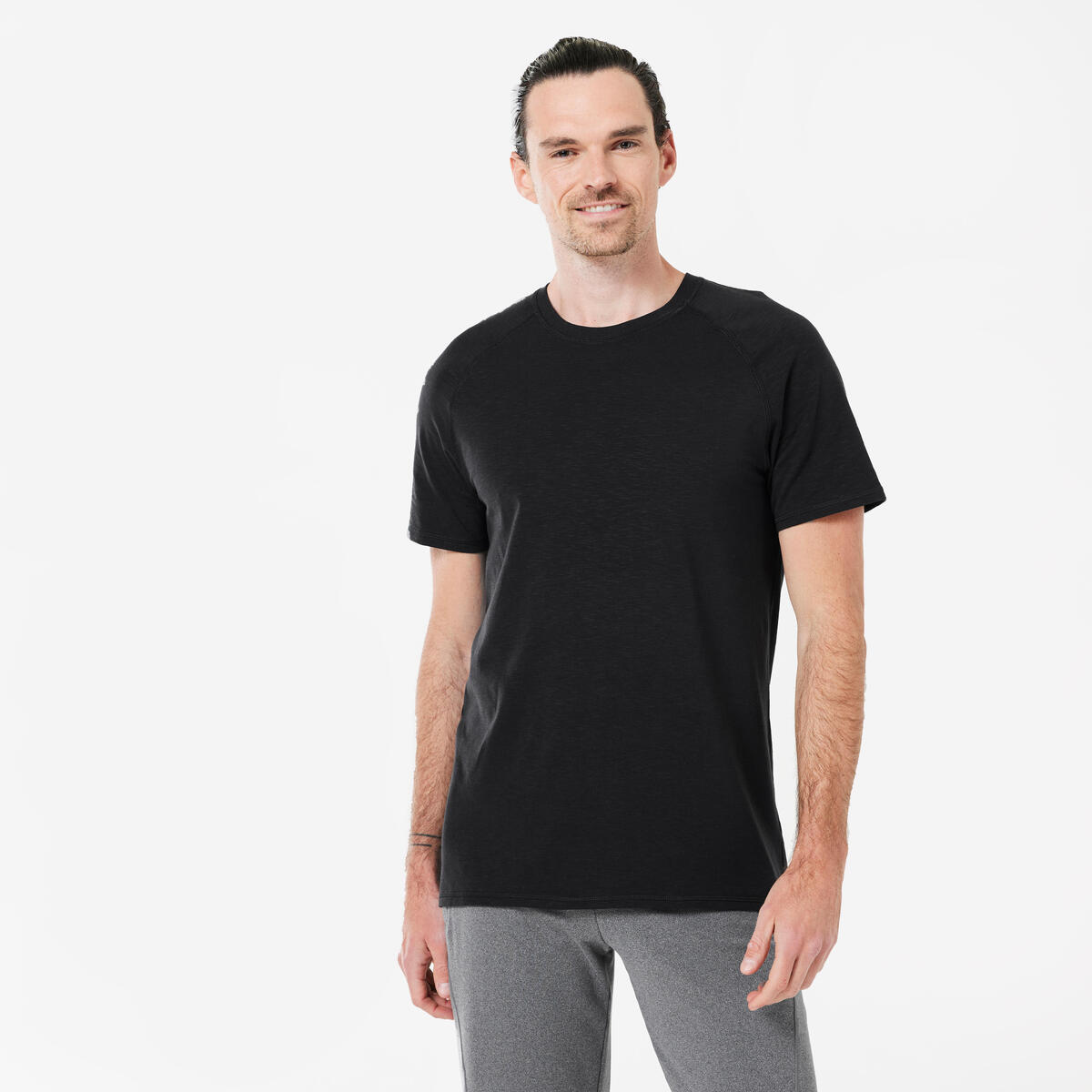 T-shirt de yoga manches courtes doux homme, noir graphite