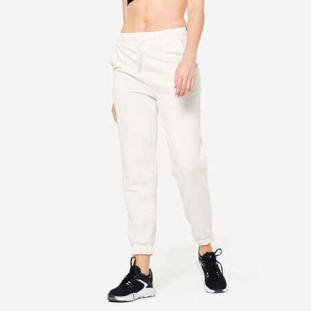 Pantalón de fitness de corte recto blanco jaspeado para mujer 500 Essential