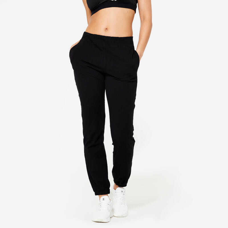 Pantalón jogger fitness recto algodón Mujer Domyos negro