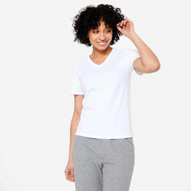 T-shirt bianca donna palestra 500 ESSENTIALS regular fit 100% cotone