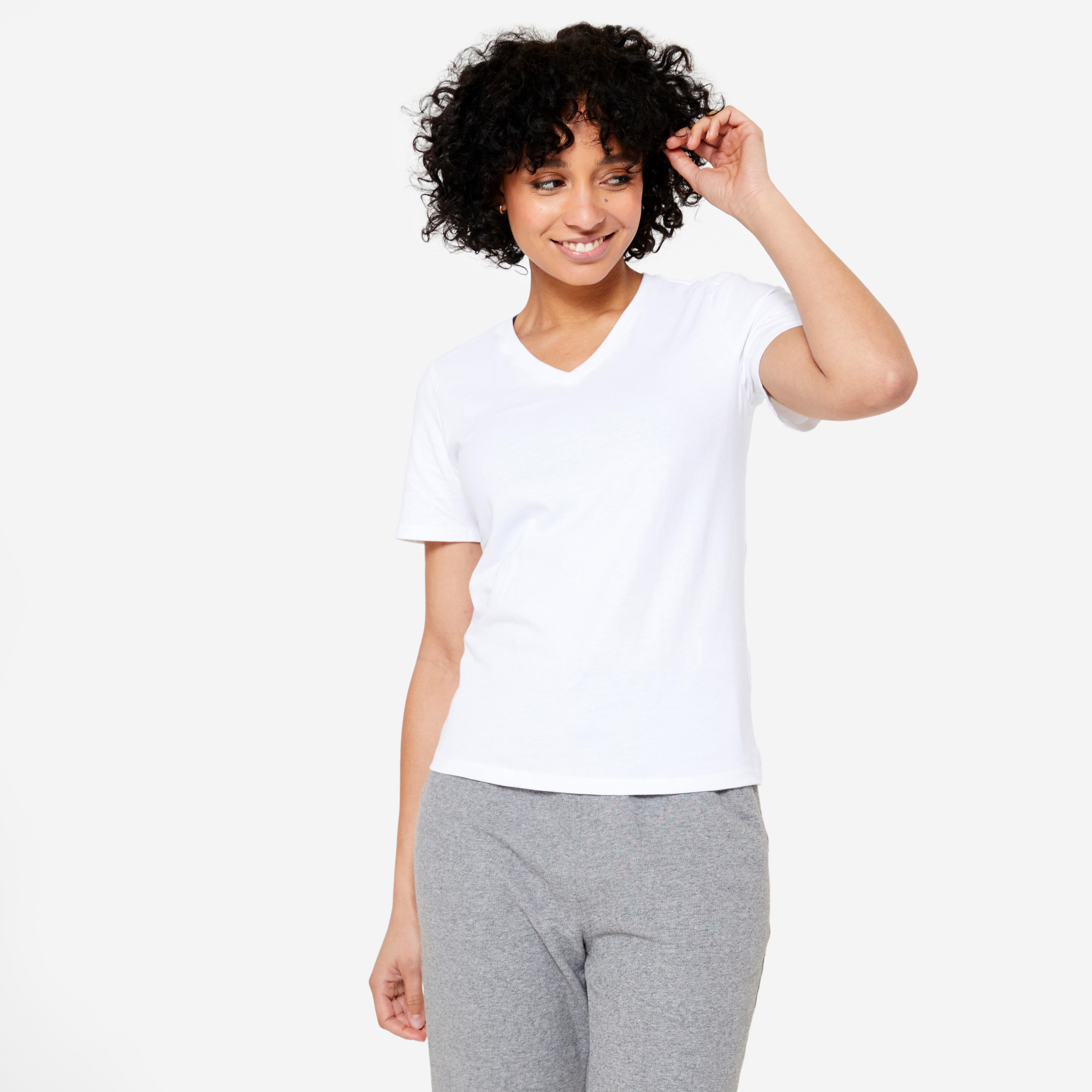 T shirt col V fitness en coton femme blanc Decathlon
