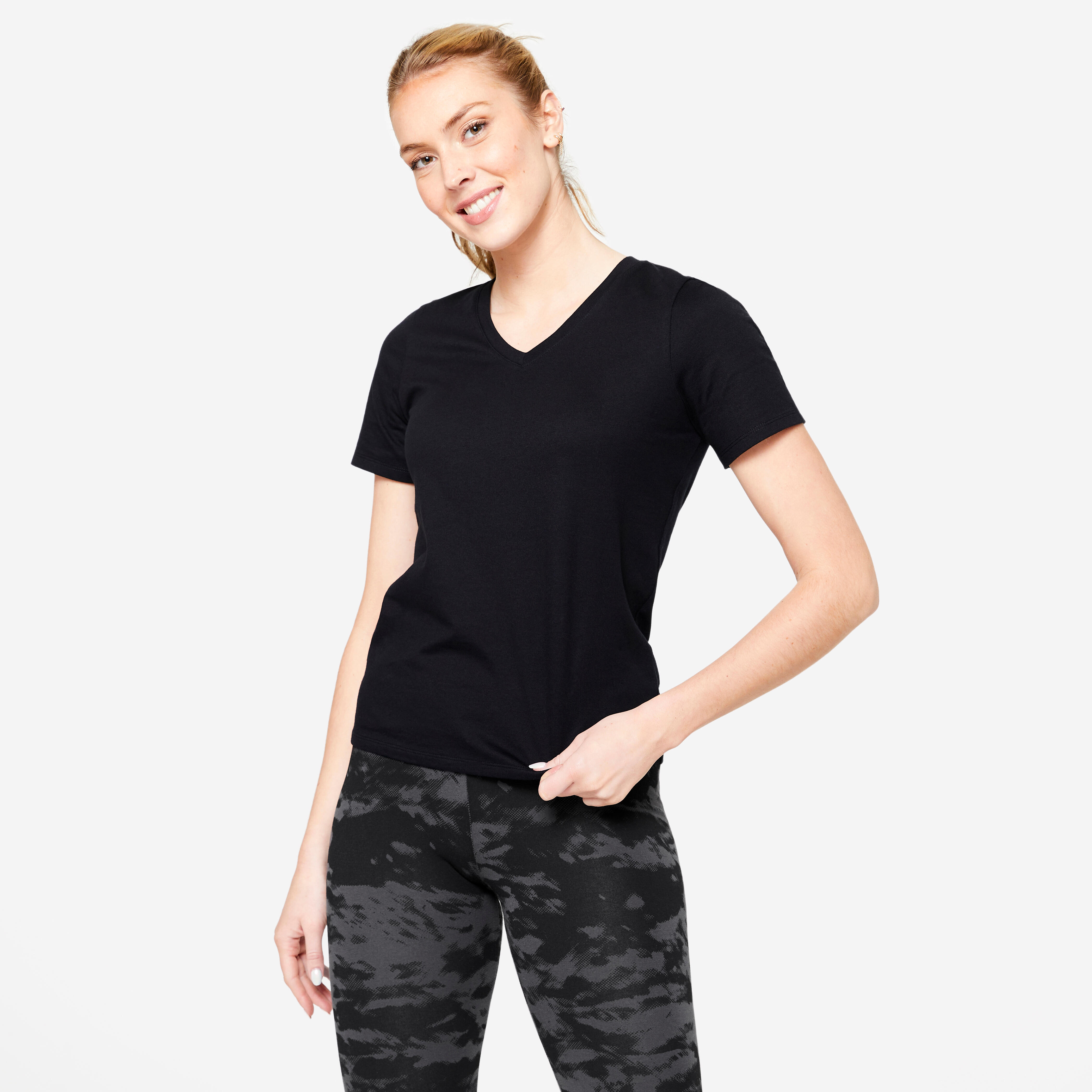 Tricou fitness din bumbac guler în V Negru Damă