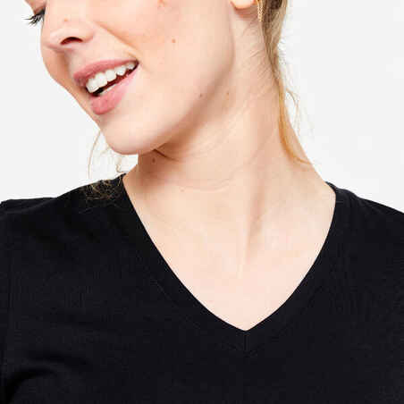 Women's V-Neck Cotton Fitness T-Shirt - Black