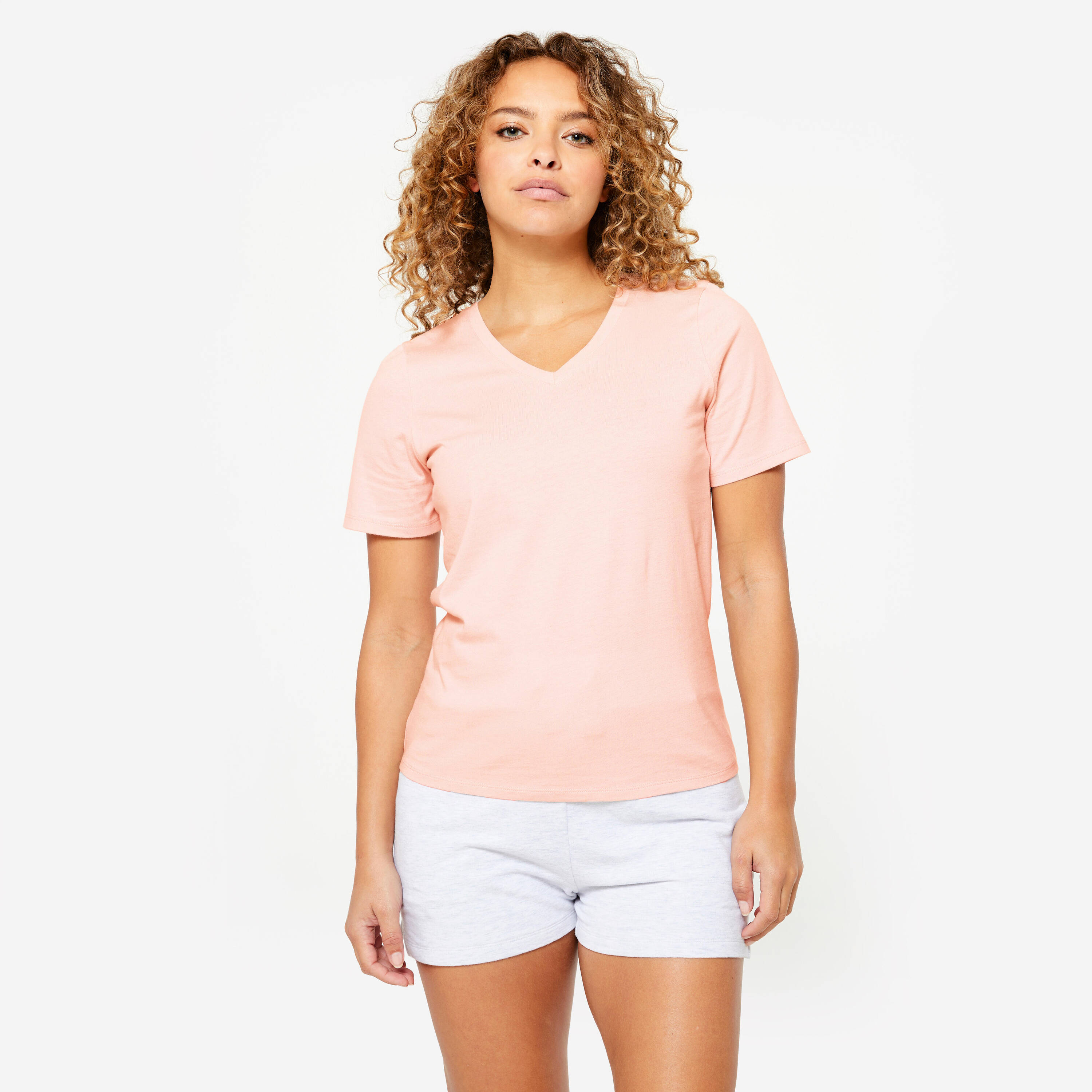 Cotton Fitted V-Neck Women's Gym T-Shirt 500- Pearl Pink -  1