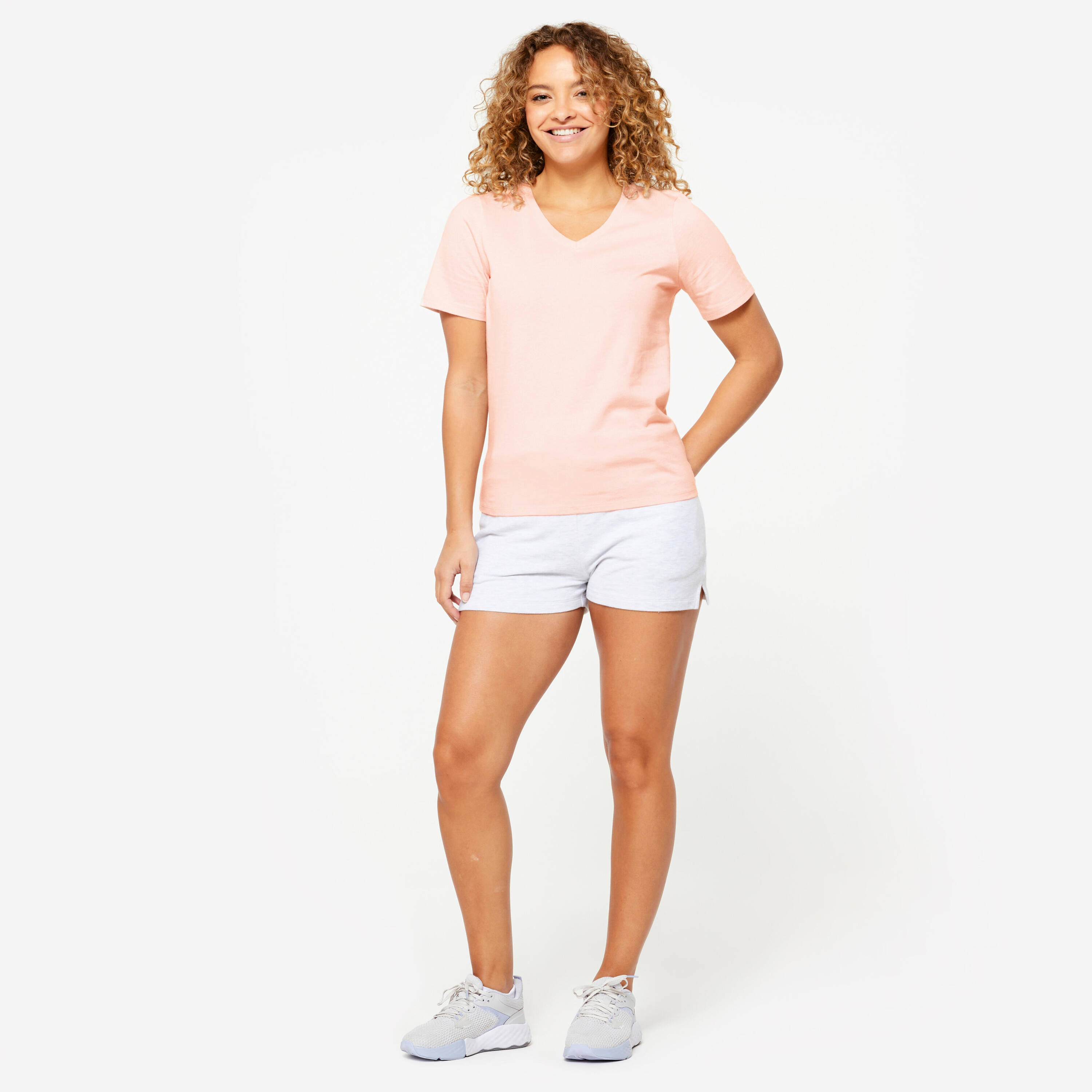 Cotton Fitted V-Neck Women's Gym T-Shirt 500- Pearl Pink -  3