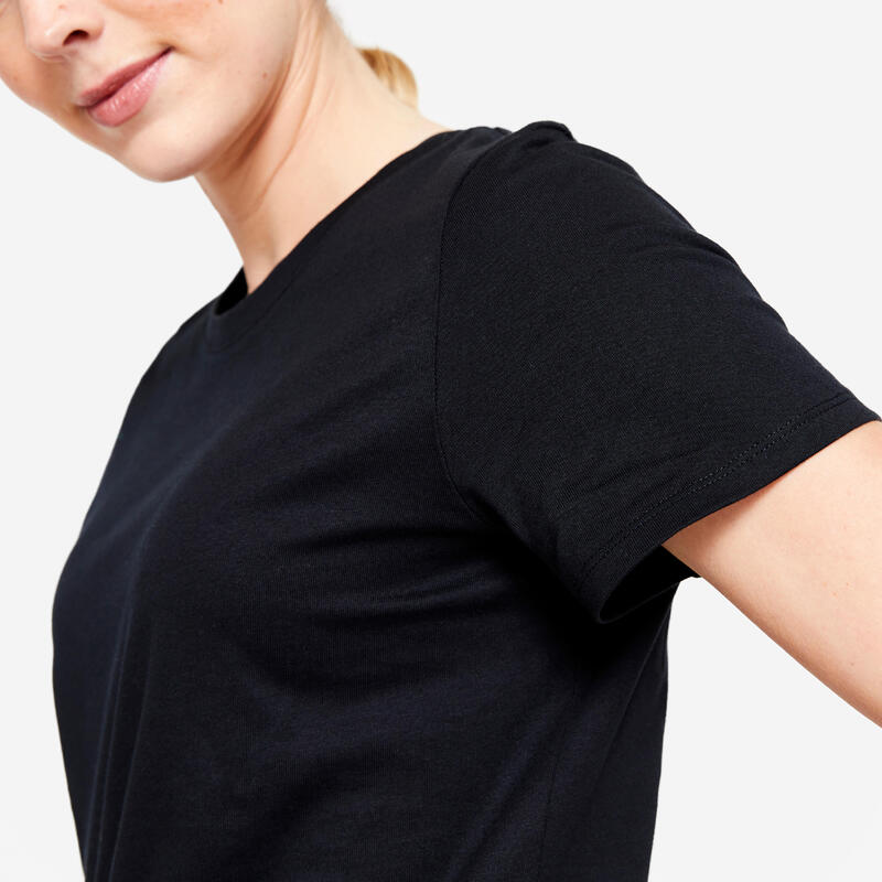 T-shirt nera donna palestra 500 ESSENTIALS regular fit 100% cotone